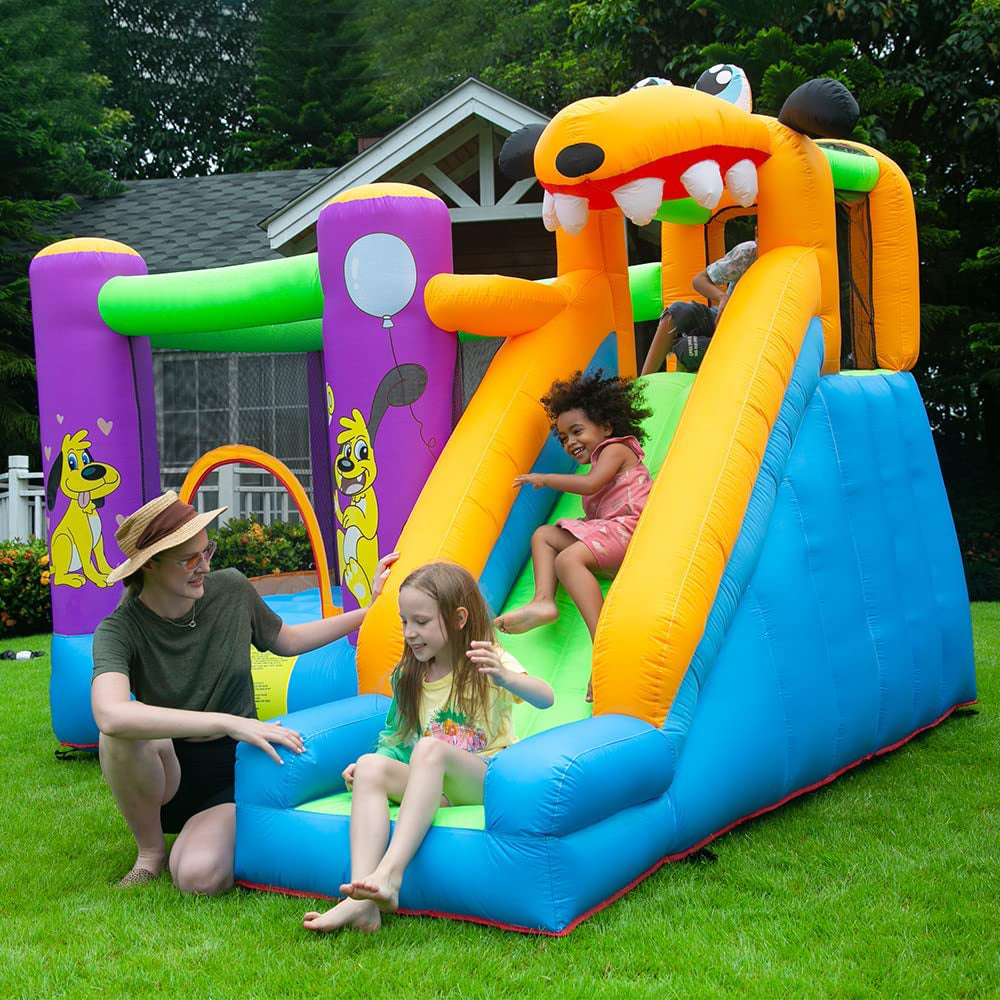 Green Dog Bouncy Castle House Slide and Jump 450W Blower Clearance Fake