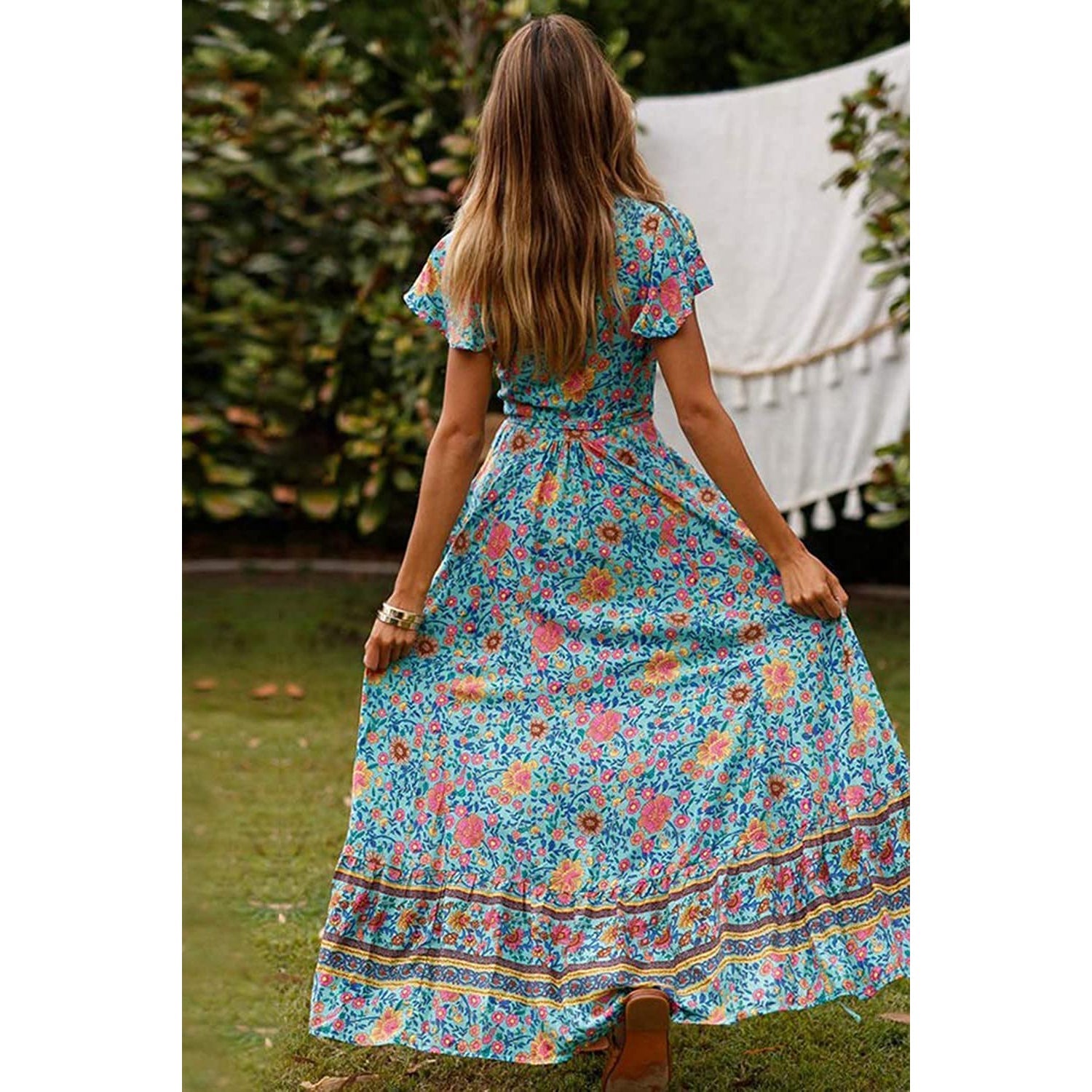 Women Boho Summer Side Split Deep V Neck Short Sleeves Maxi Dress with Belt Cheap Sale Big Sale