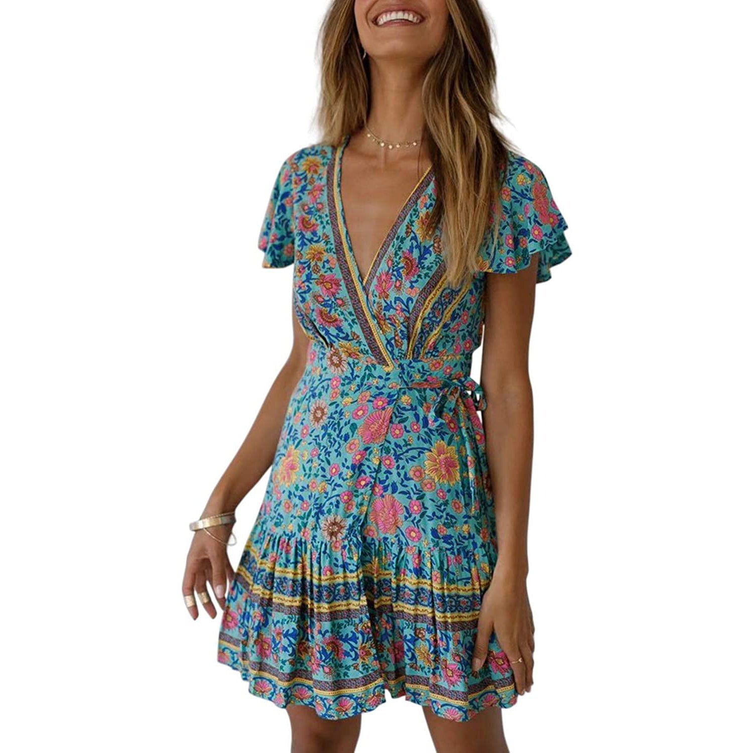 Women's Summer Wrap V Neck Bohemian Floral Print Mini Dress Cheap Geniue Stockist