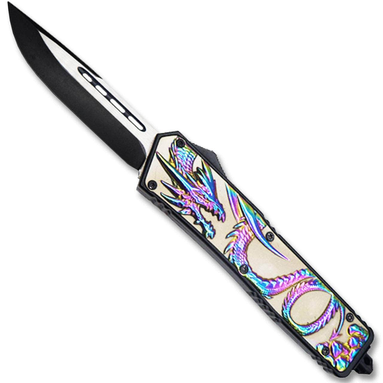 Straight Edge Dragon Flagship OTF Knife Clip PointOTFL-115RBPush the swift and beautiful blade out the front via a forced-assisted-action lever and let it charge your spirit with vigor! Assist the Sale Choice