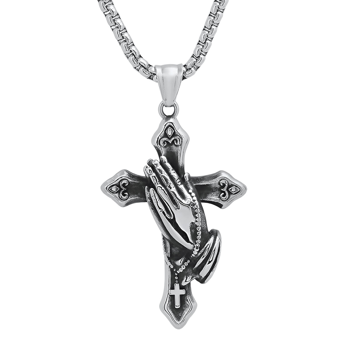 Men's Stainless Steel Oxidized Prayer Hand and Cross Pendant Clearance Reliable