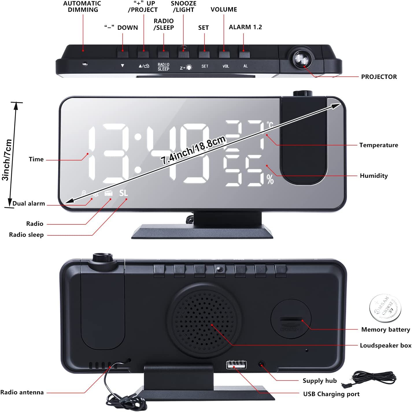 Bedroom Projection Digital Alarm Clock 2025 Unisex