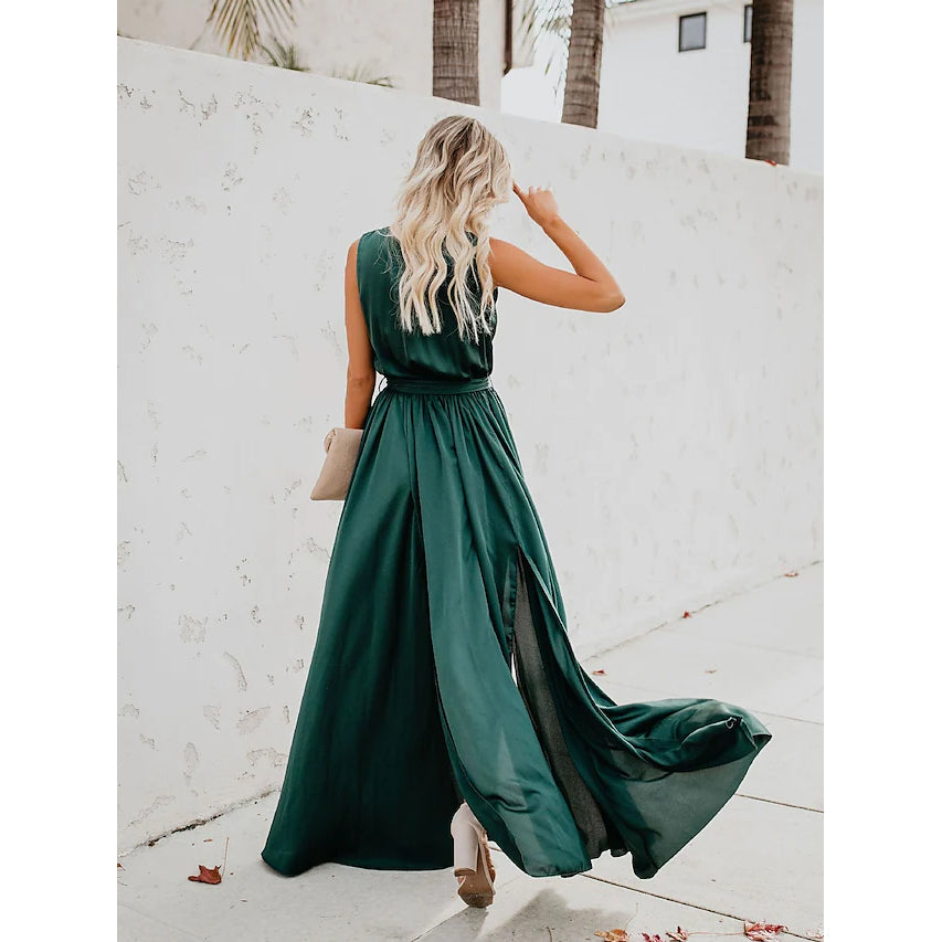 Women's Solid Color Slit Tie Maxi Dress Sale Good Selling