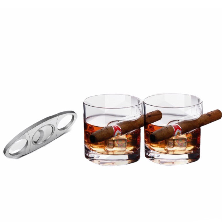 3-Piece Set: Cigar-Holding Whiskey Glasses with Cigar Cutter Cheap Perfect