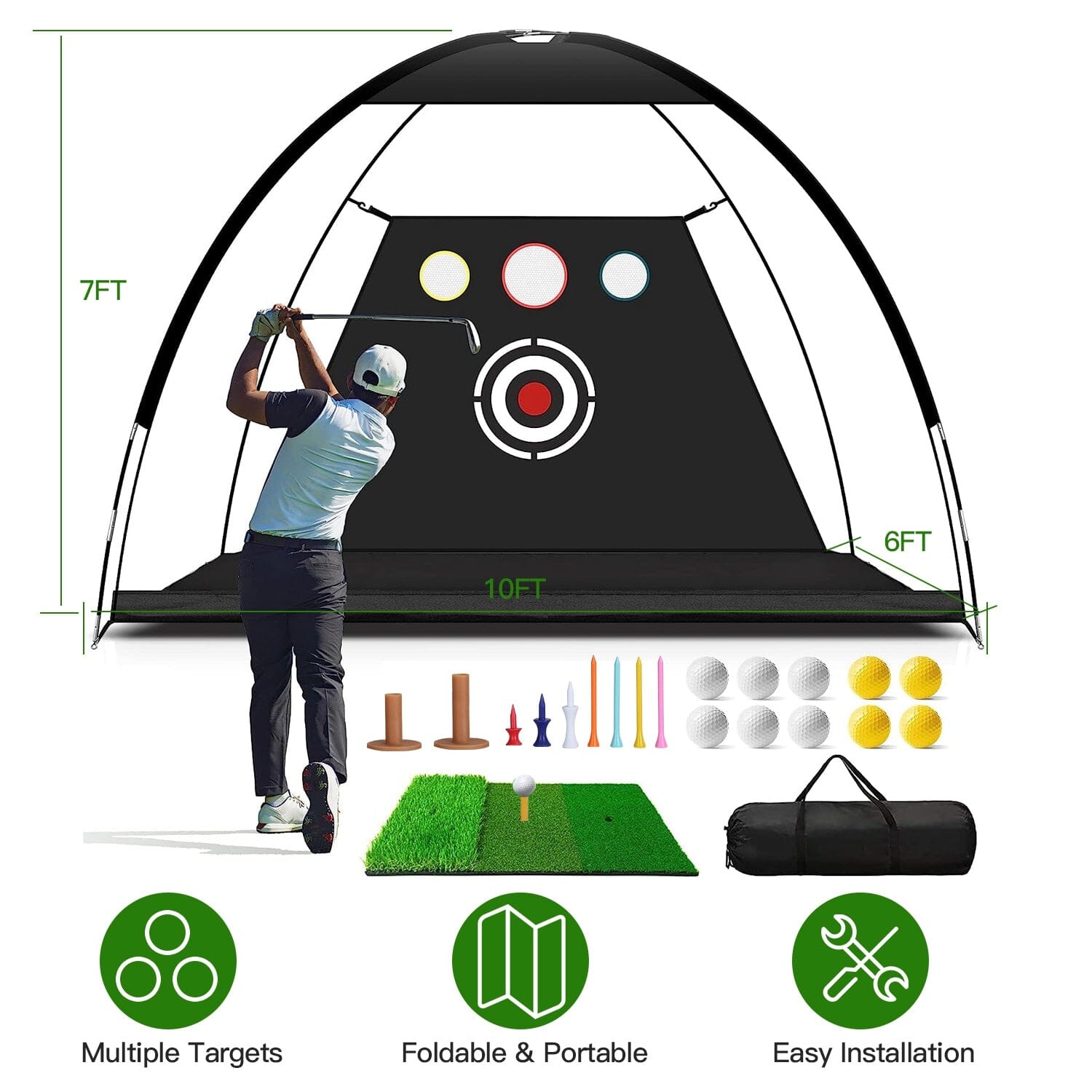 Golf Training Aids Driving Hitting Nets with Tri-Turf Golf Mat Target Cloth 10 Golf Balls 7 Golf Tees 2 Rubber Golf Tee Holders Carry Bag for Indoor Outdoor Sports Free Shipping Best