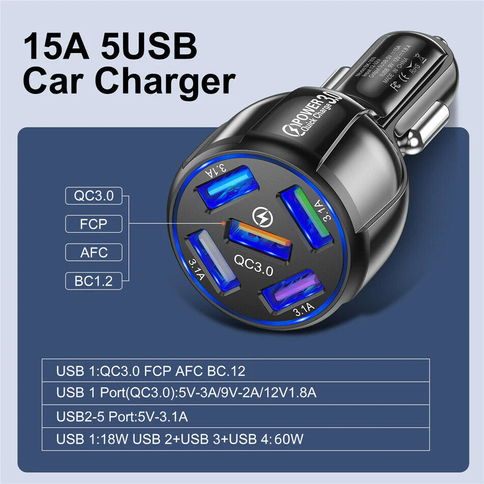 5 Port USB Fast Car Charger with LED Display Grey Outlet Store Online