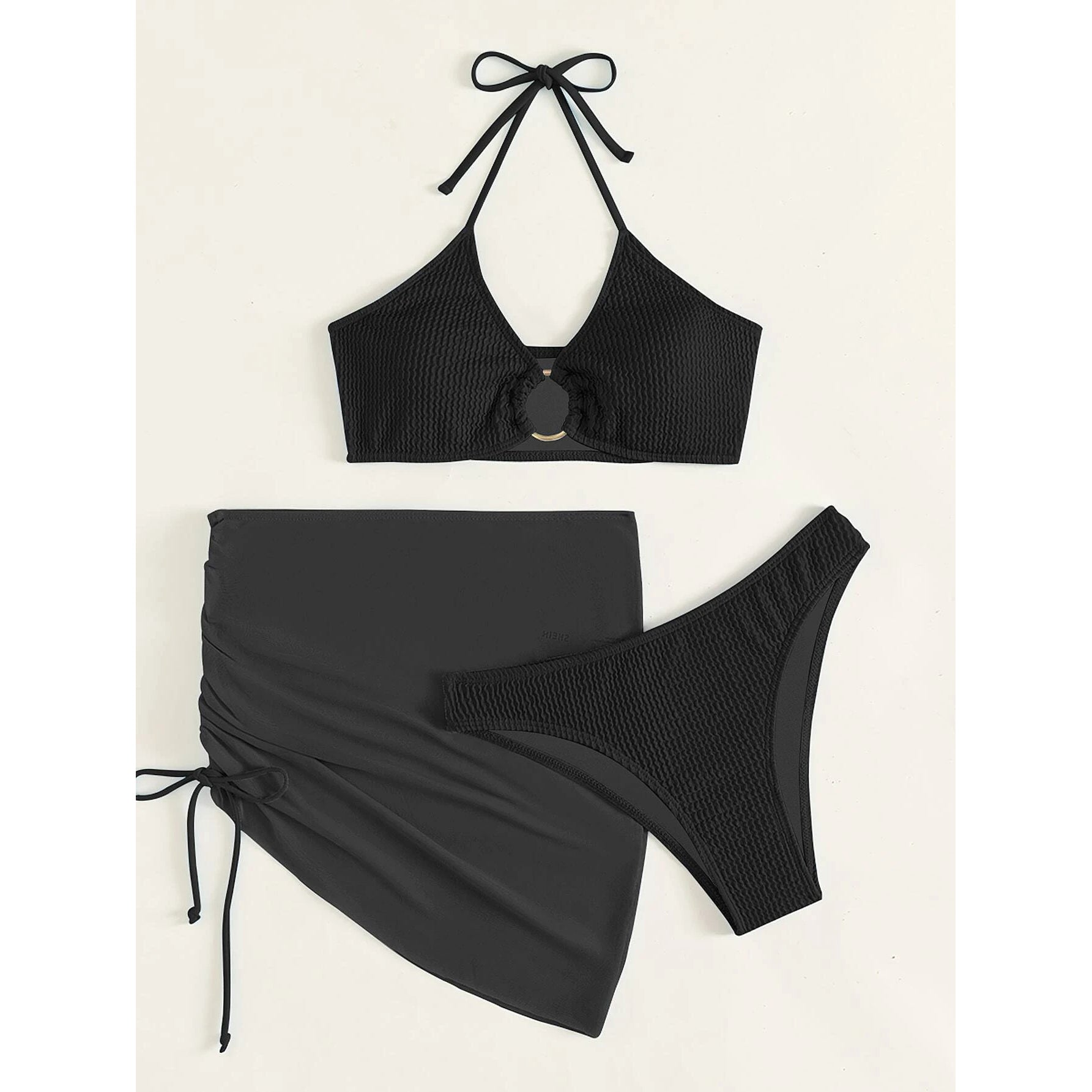 3-Pack: Textured Ring Linked Halter Bikini Swimsuit & Beach Skirt Shop For Cheap Online