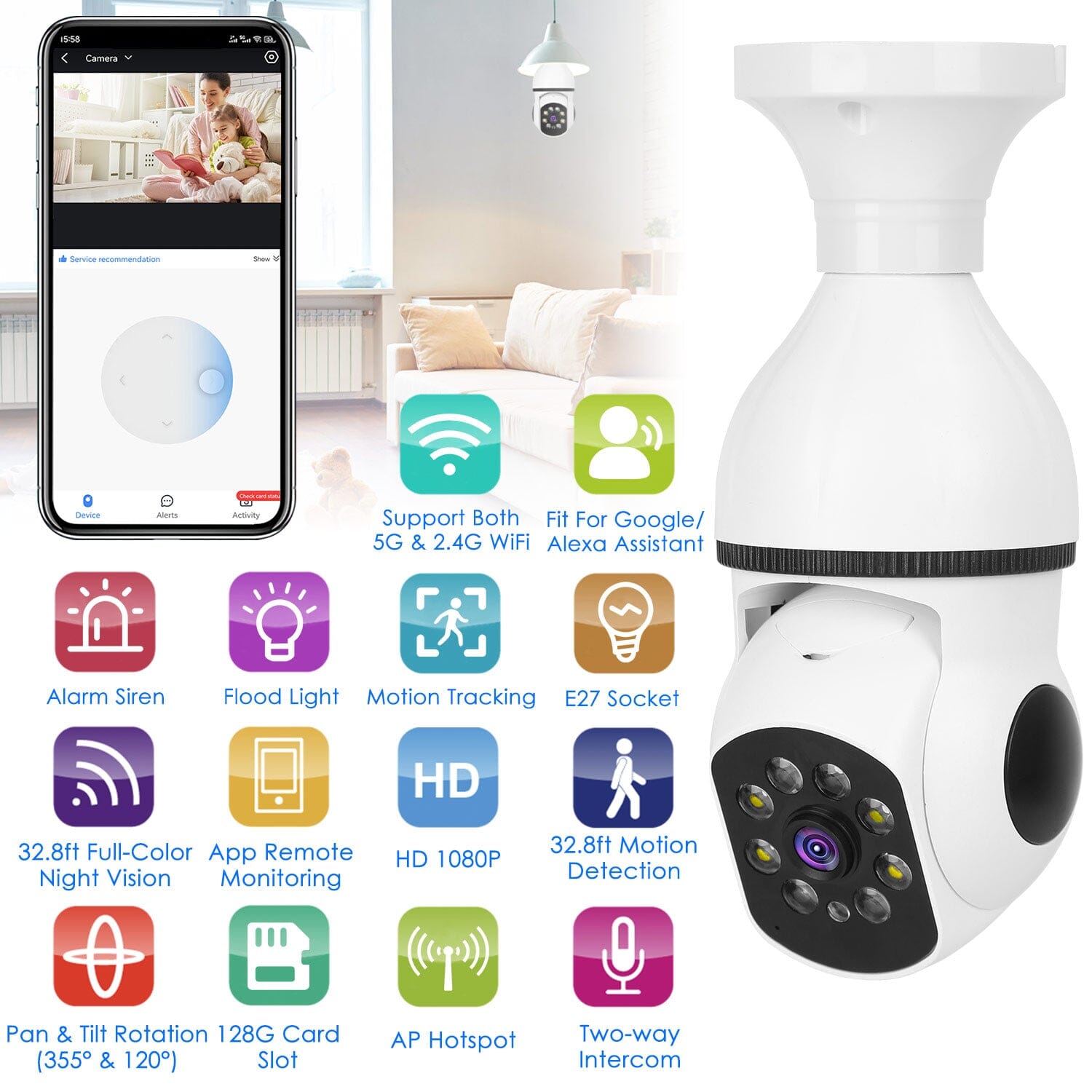 E27 WiFi Bulb Camera 1080P FHD WiFi IP Pan Tilt Security Surveillance  Camera with Two-Way Audio Full Color Night Vision Outlet Store Cheap Online