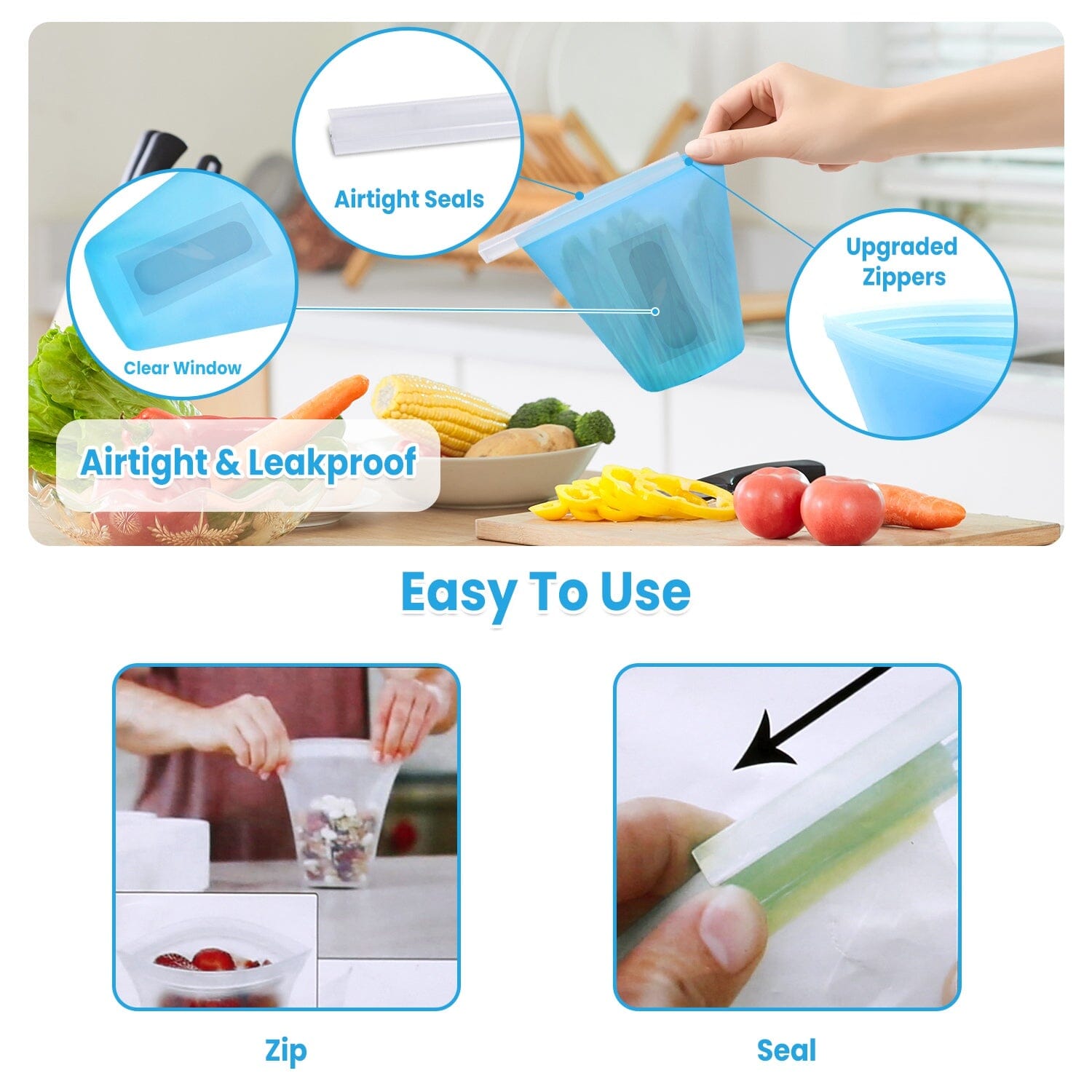 3-Pieces: Silicone Food Storage Bags Reusable Leakproof Food Container Set with 3 Seals Outlet Locations For Sale