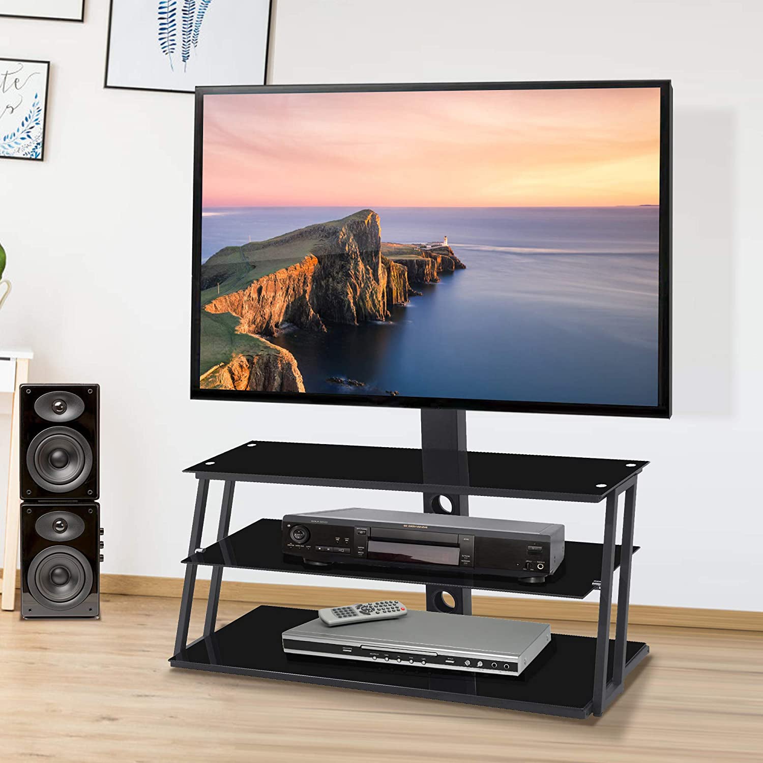 Swivel Floor TV Stand with Angle and Height Adjustable Tempered Glass TV Stand Best Store To Get Cheap Online