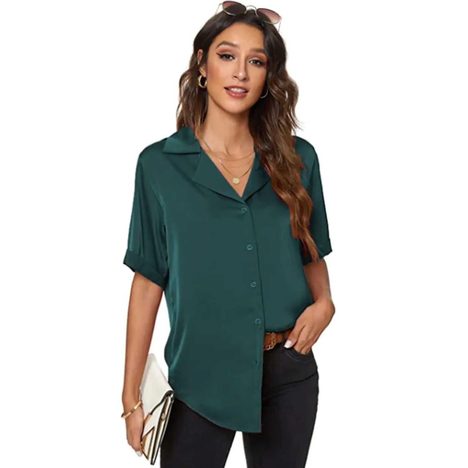 Women's Short Sleeve Casual Satin Button Down Shirt Sale Online Shop