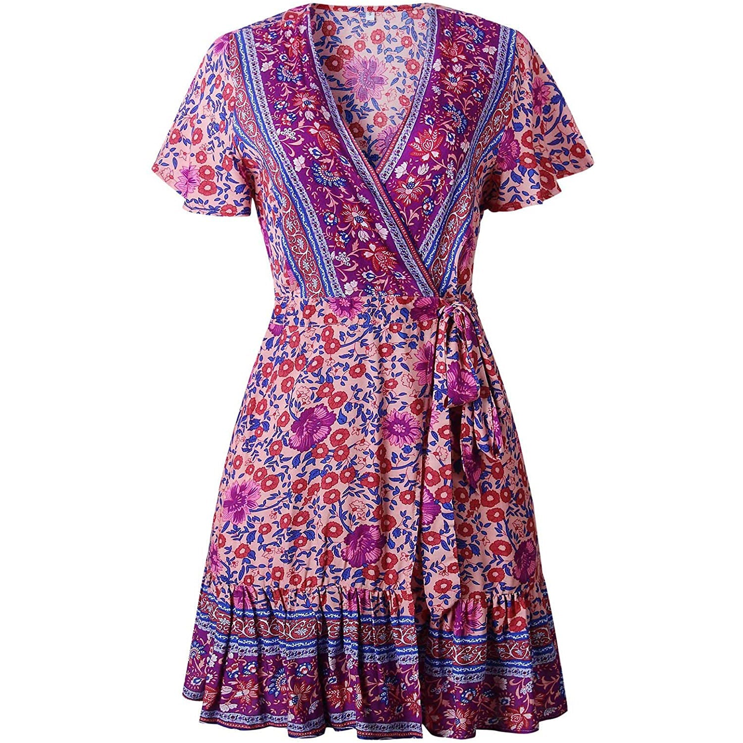 Women's Summer Wrap V Neck Bohemian Floral Print Mini Dress Cheap Geniue Stockist