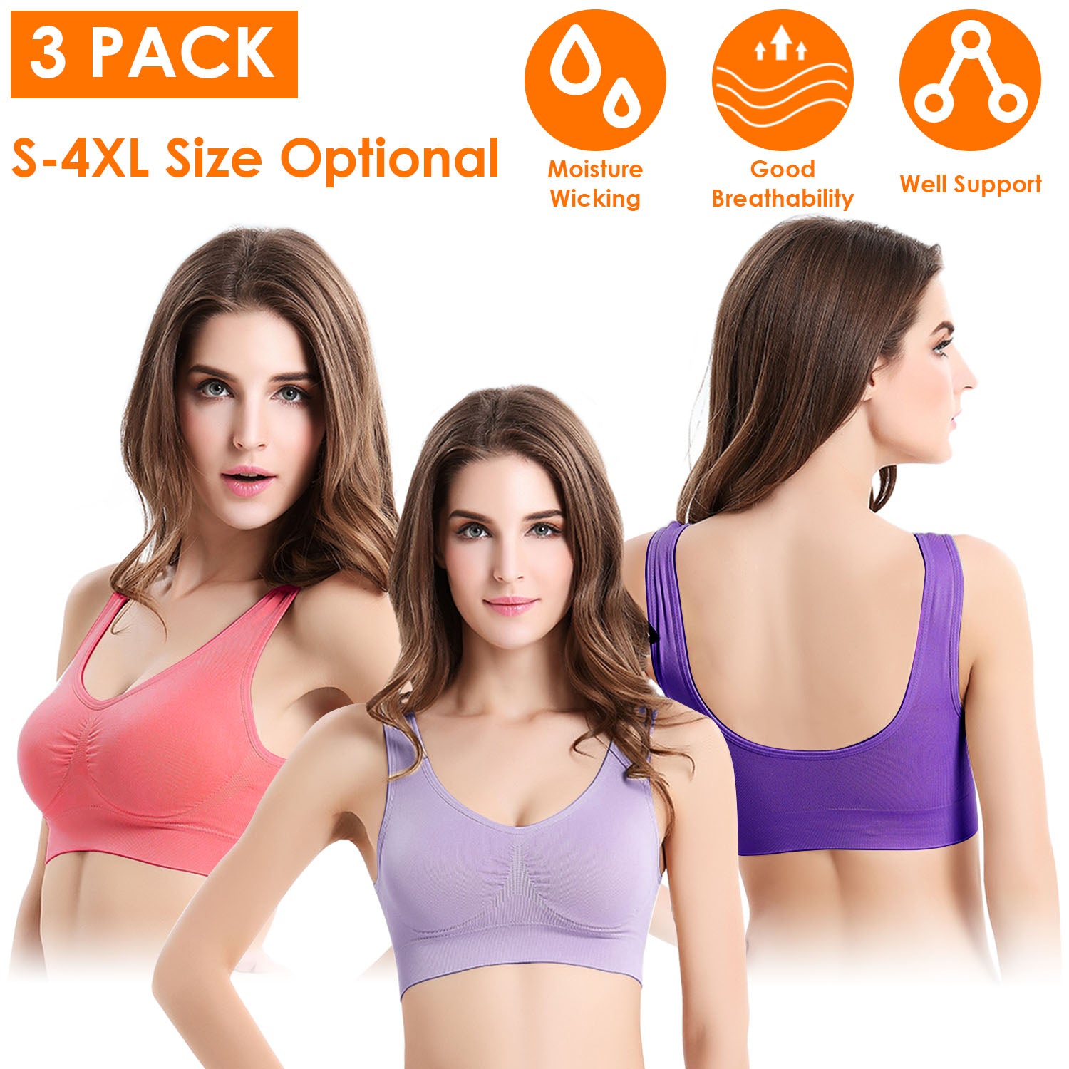 3-Pack: Women Seamless Wire-free Bra for Fitness Workout Low Pice Fee Shipping Sale Online