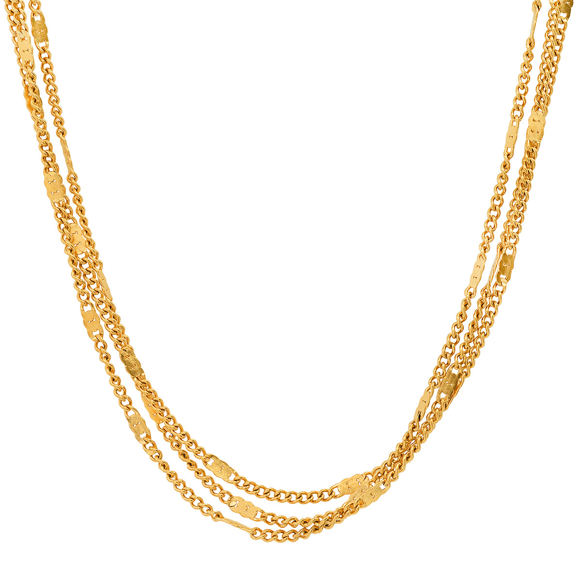 Ladies 18k Gold Plated Stainless Steel Triple Row Flat Curb Chain Necklace High Quality For Sale