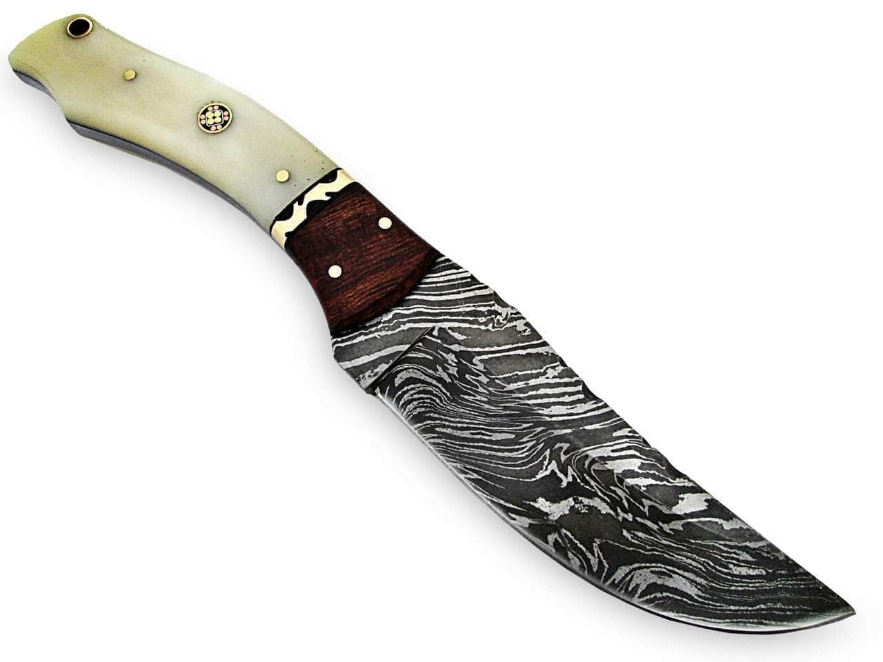 White Deer Executive Strait-Back Damascus Knife, 4.4 Blade, Bison Bone & Wood Handle, Sheath - WDM-2378 Shipping Discount Authentic