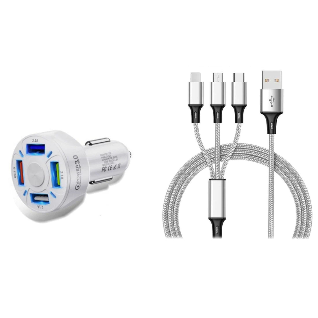 4 Port LED Car Charger + 3-in-1 Cable Combo Browse For Sale