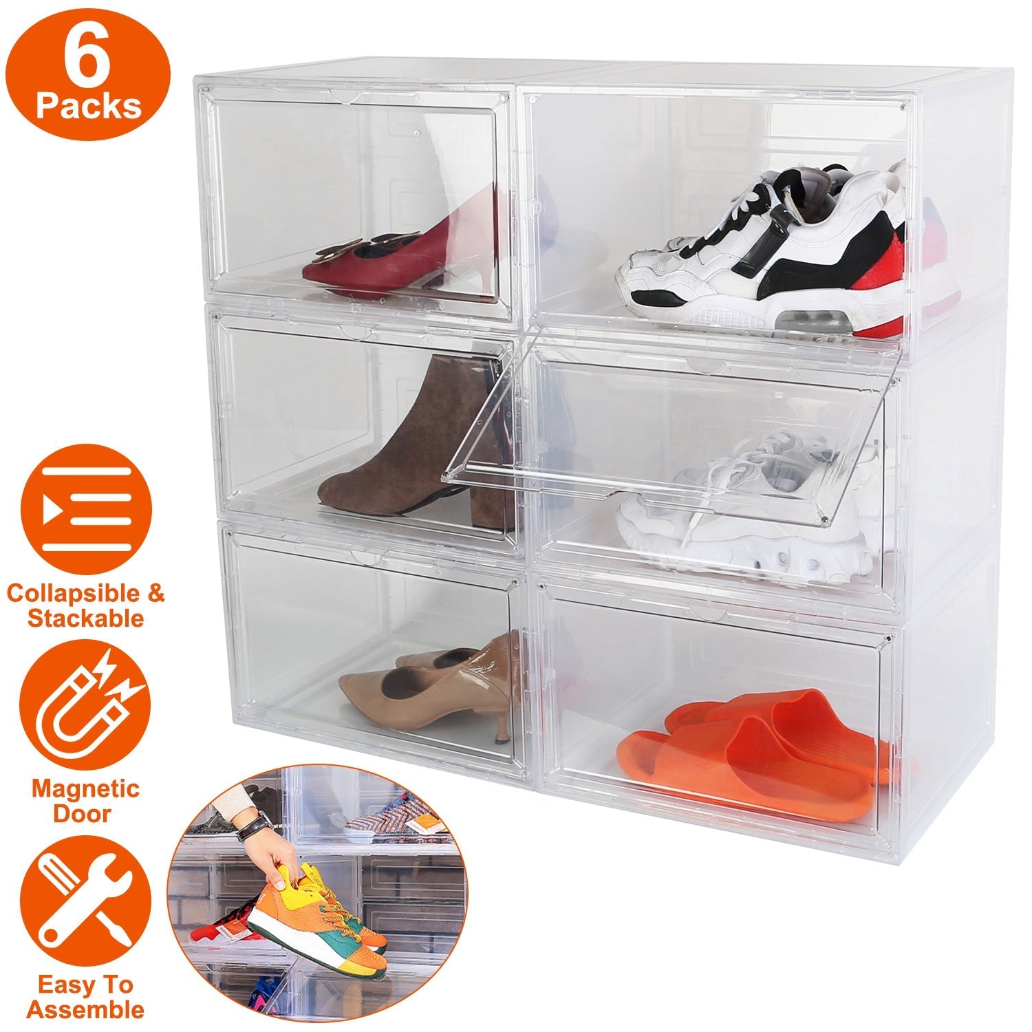 6-Pack: Collapsible Shoe Box Stackable Shoe Storage Bin with Magnetic Door Buy Cheap Manchester