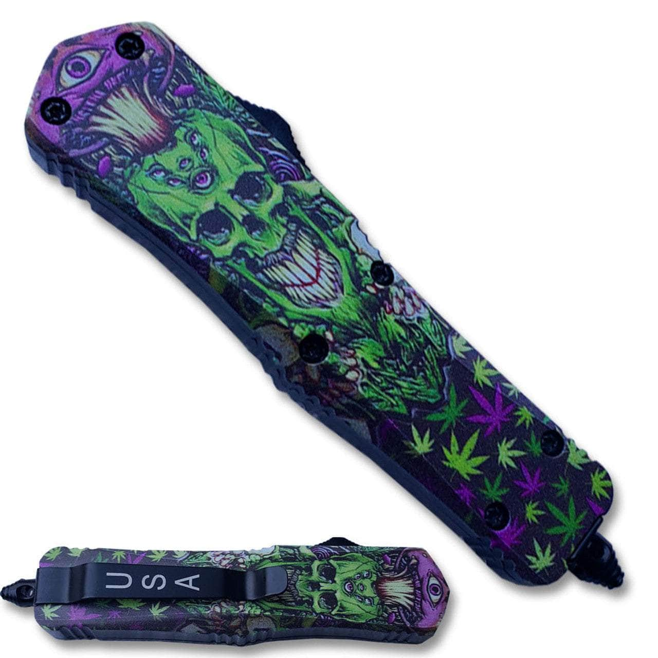 Green & Purple Skull Tanto Blade OTF Knife OTFM-22T Cheap Sale Store