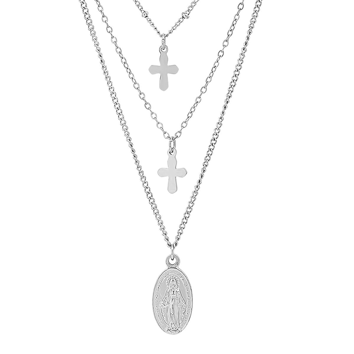 Ladies 3 Chain Necklace with Our Lady of Guadalupe and Cross Charms Cheap Sale From China