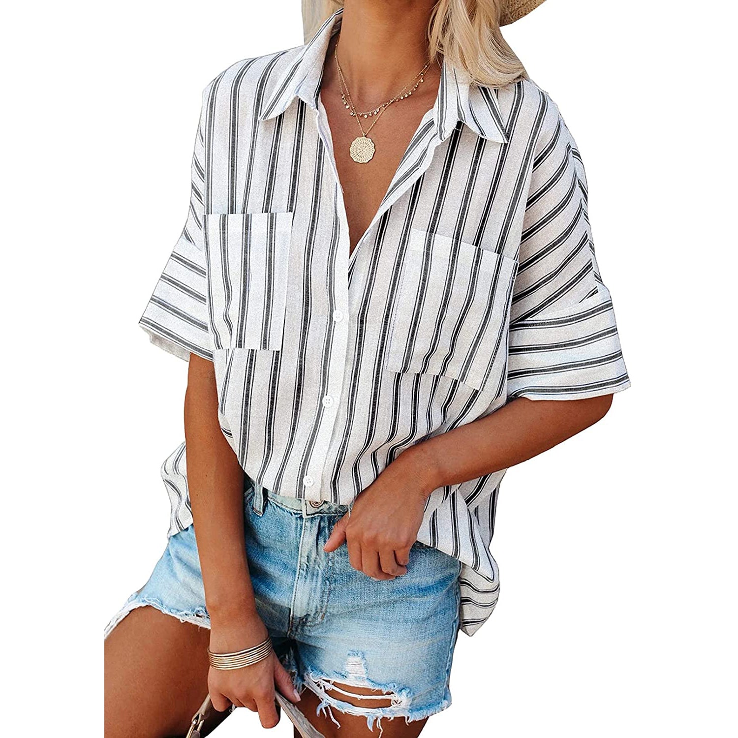 Women's V Neck Striped Roll Up Cuff Button Shirt Top Cheap Sale Explore