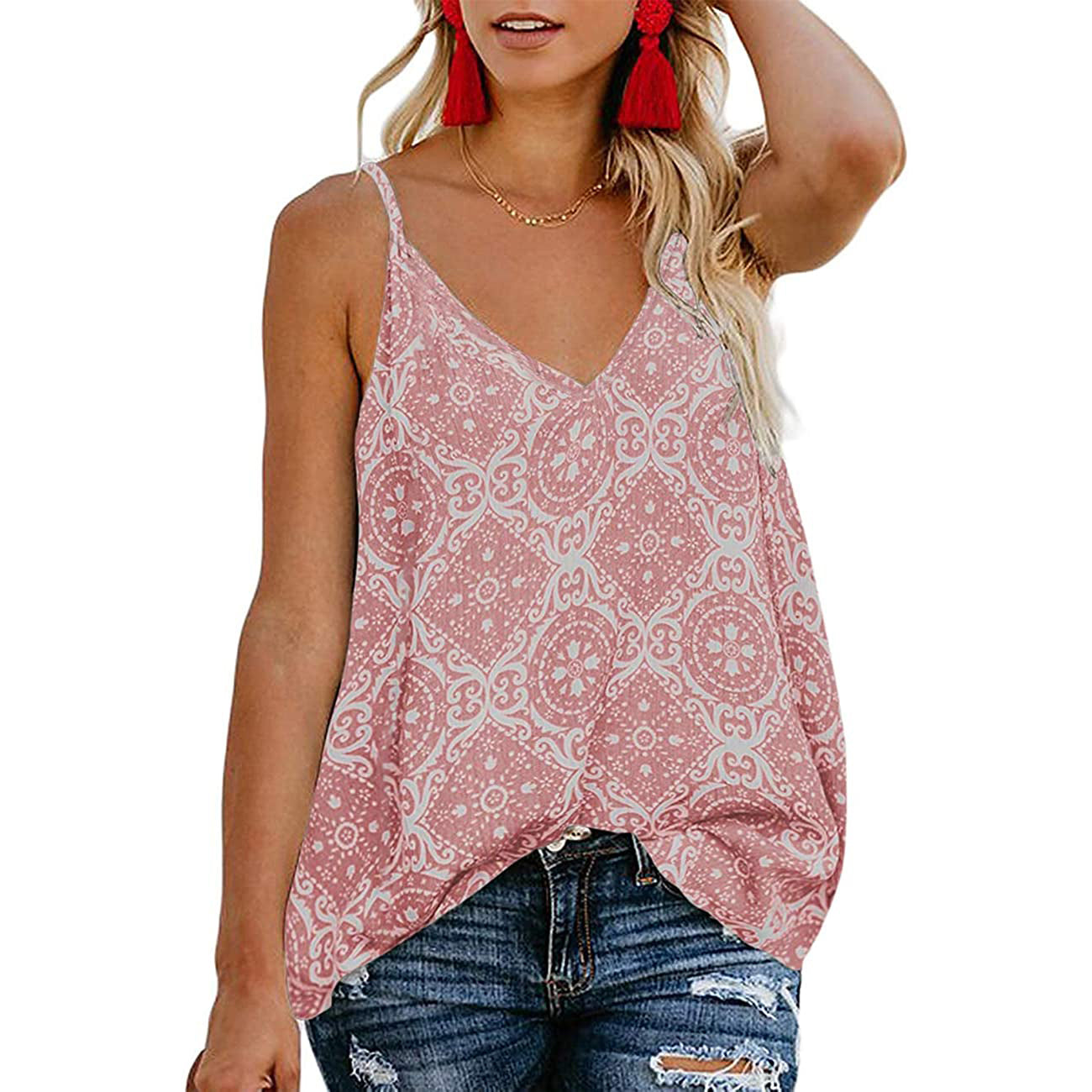 Women's Boho Floral V Neck Spaghetti Straps Tank Top Summer Sleeveless Shirts Blouse 2025 New For Sale