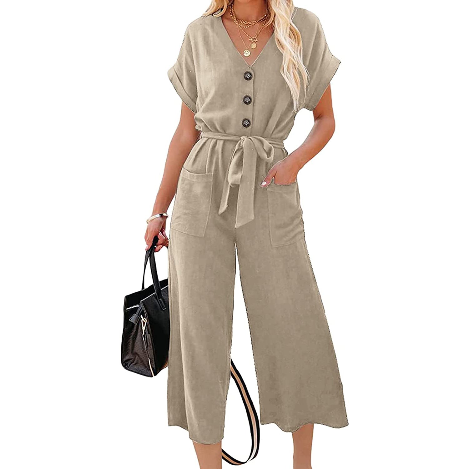 Women's Short Sleeve V Neck Button Belt Wide Leg Jumpsuit Free Shipping Fast Delivery