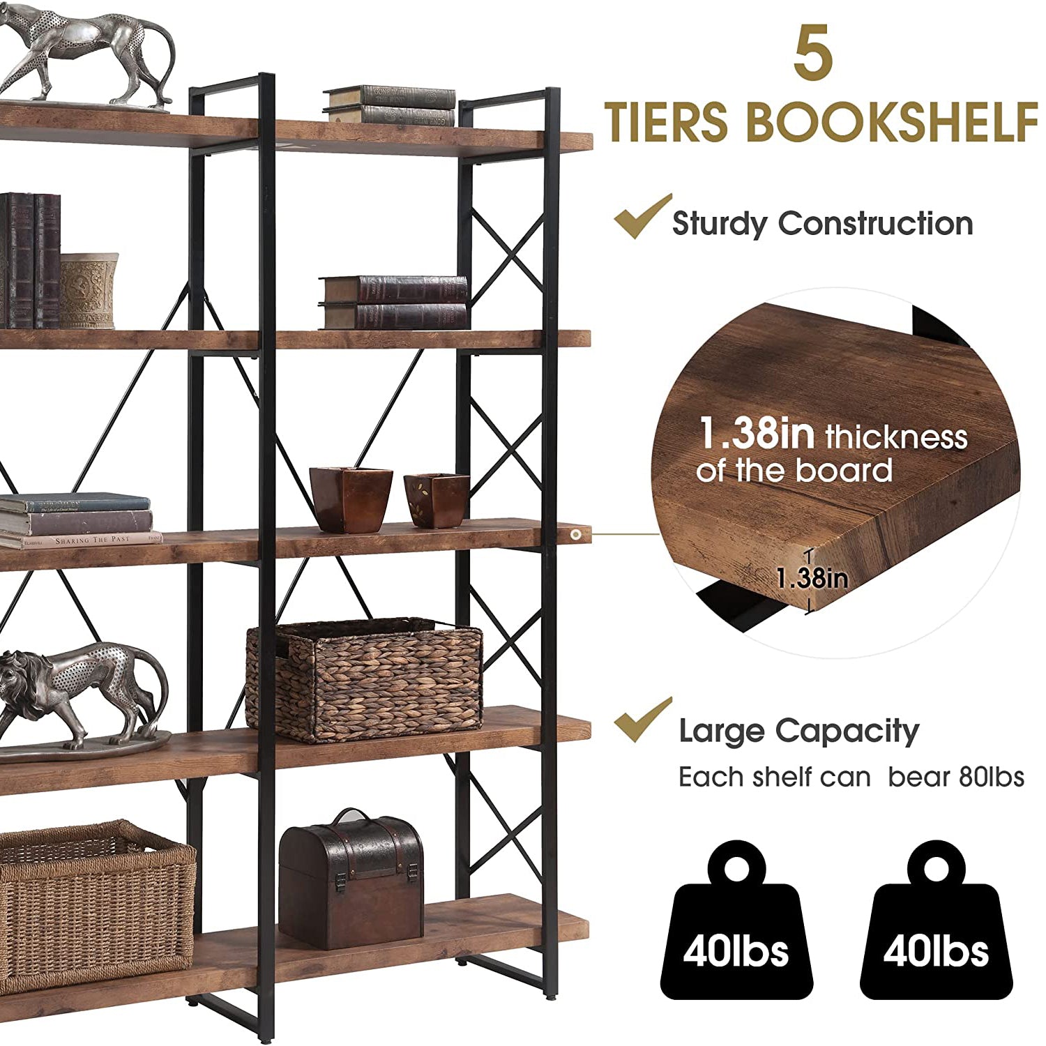 5-Tier Bookcase Industrial Bookshelf Online Online For Sale