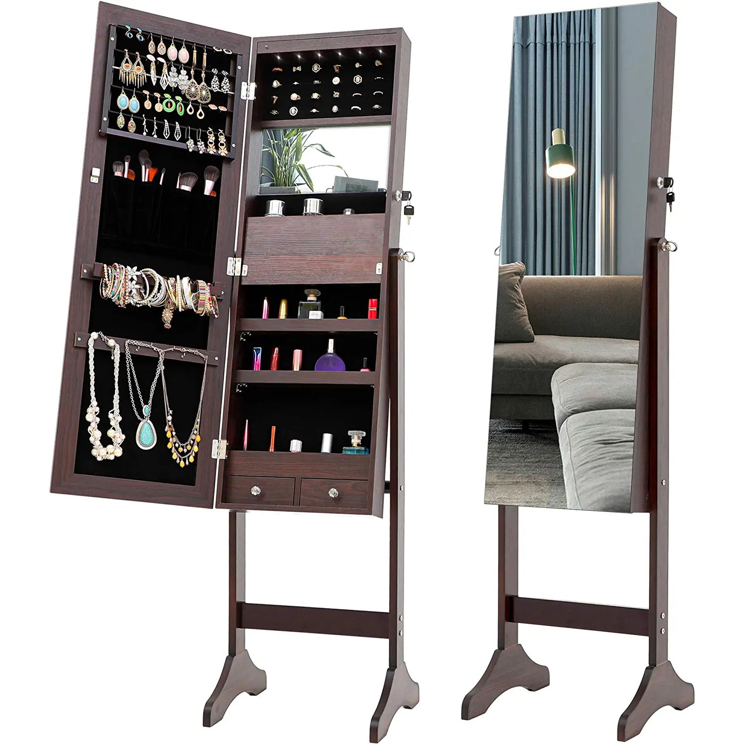 Tesmula Fashion Simple Jewelry Storage Mirror Cabinet With LED Lights Outlet Affordable