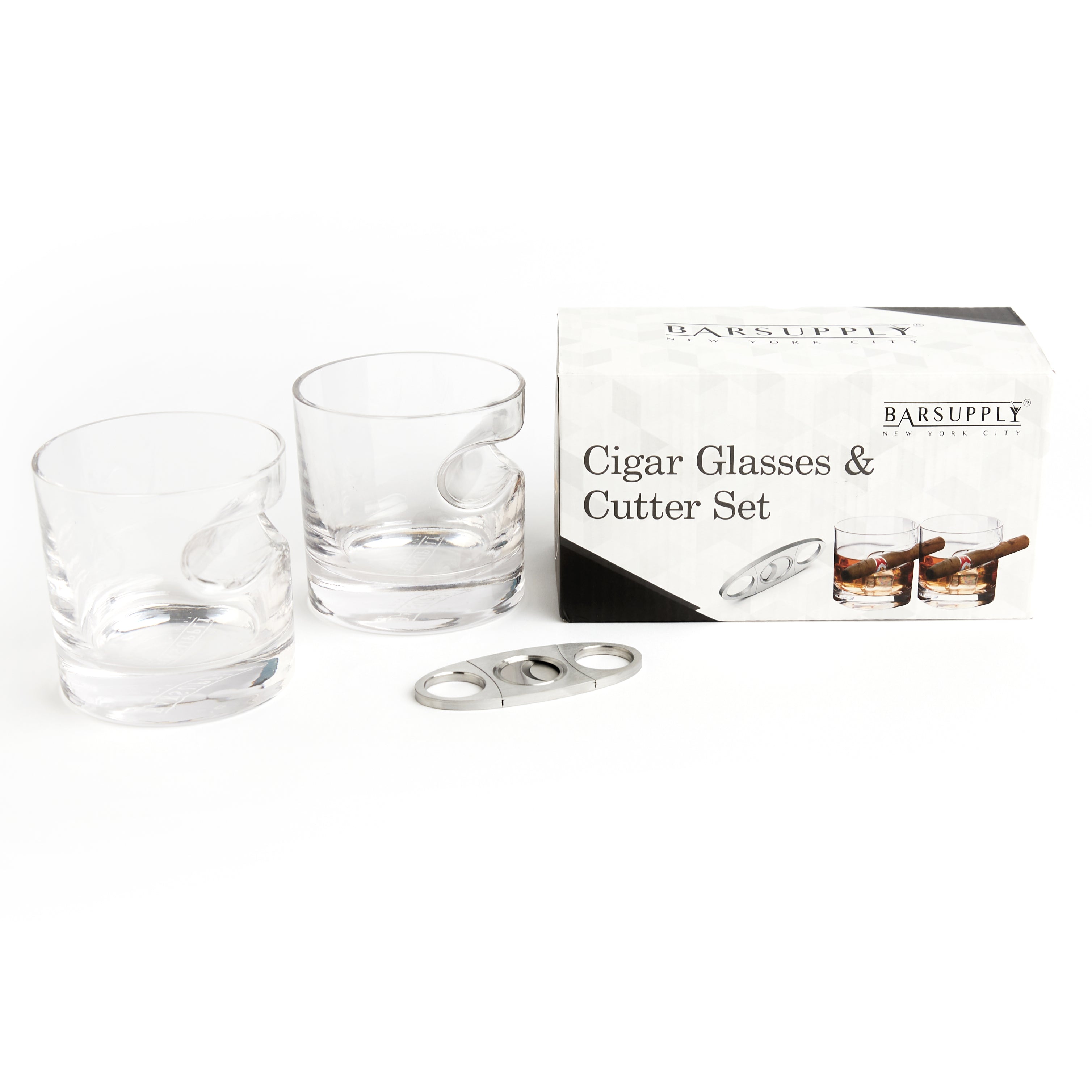 3-Piece Set: Cigar-Holding Whiskey Glasses with Cigar Cutter Cheap Perfect