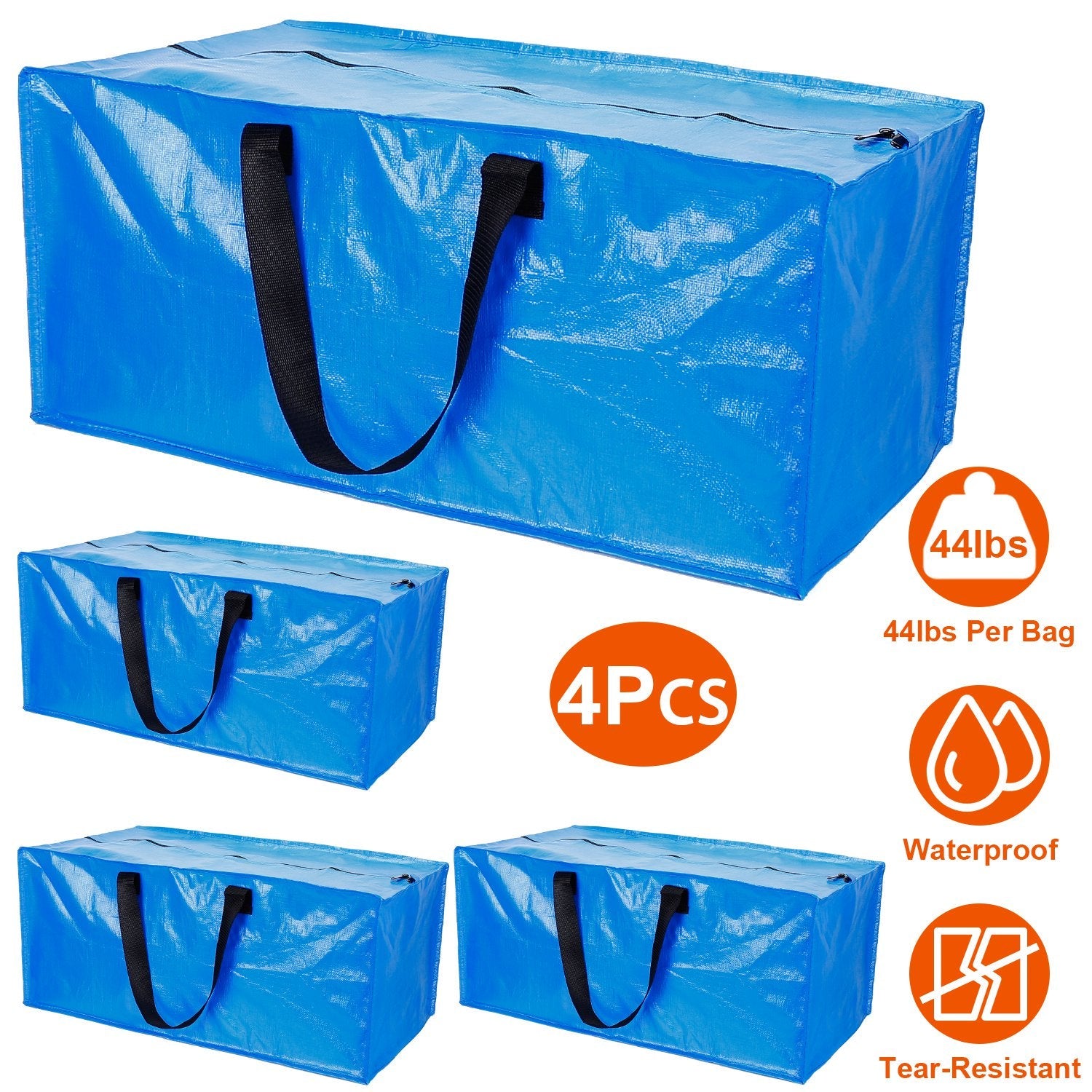 4-Pieces: Reusable Plastic Totes Blue Moving Bin Zippered Storage Bag Outlet Store Cheap Online