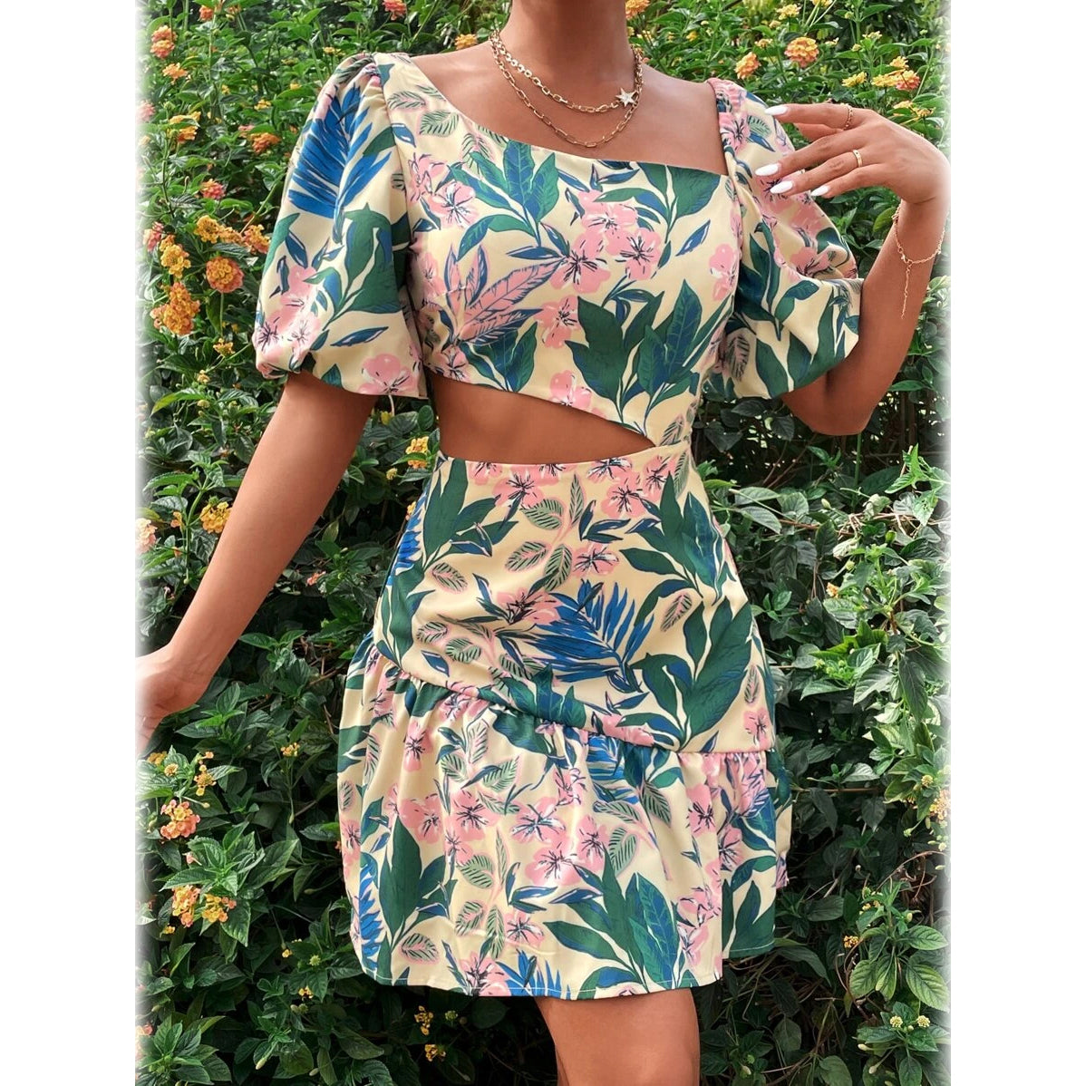 Floral Print Lantern Sleeve Cut Out Asymmetrical Neck Ruffle Hem Dress Discount Online