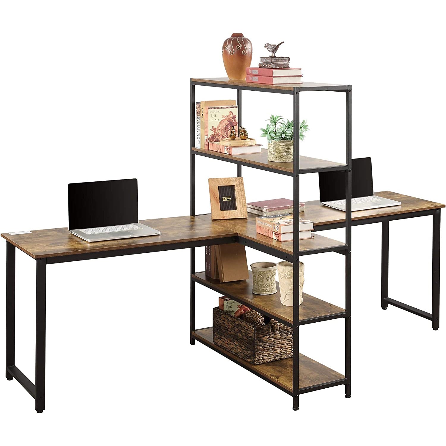 Two Person Computer Desk with Bookshelf Wood and Metal Free Shipping Sast