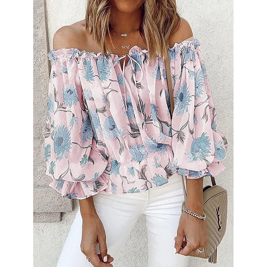 Women's T-Shirt Floral Print Off Shoulder Top Puff Sleeves Amazon For Sale