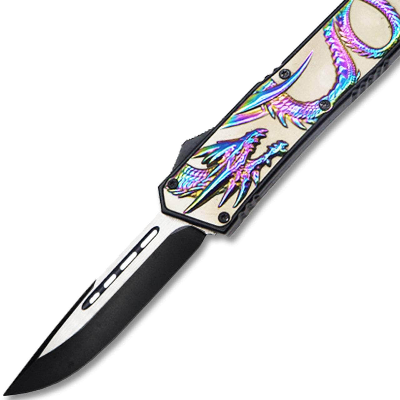 Straight Edge Dragon Flagship OTF Knife Clip PointOTFL-115RBPush the swift and beautiful blade out the front via a forced-assisted-action lever and let it charge your spirit with vigor! Assist the Sale Choice