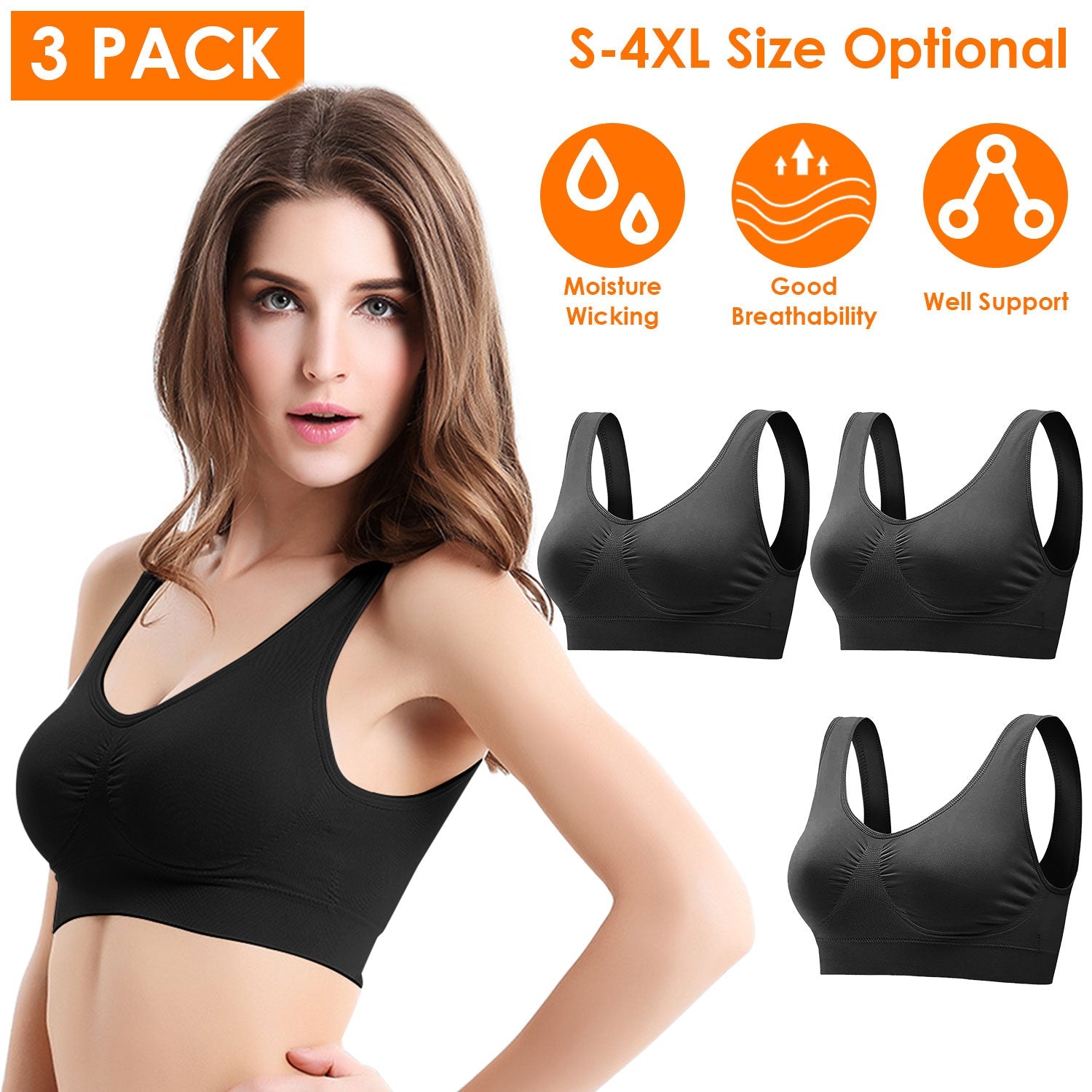 3-Pack: Women Seamless Wire-free Bra for Fitness Workout Low Pice Fee Shipping Sale Online