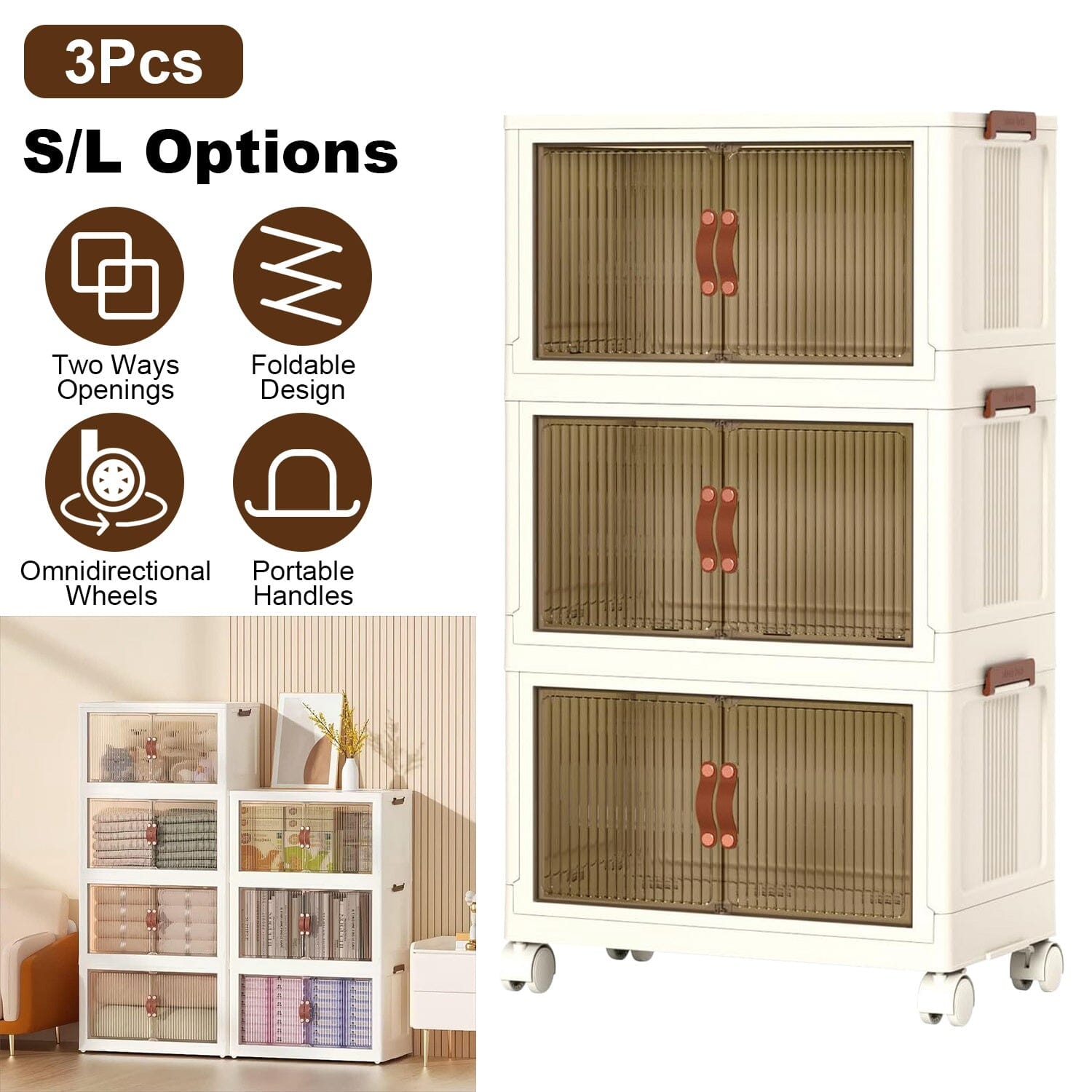 3-Pieces: Foldable Storage Bins with Lid Front Magnetic Door Collapsible Stackable Closet Organizer Pictures Online