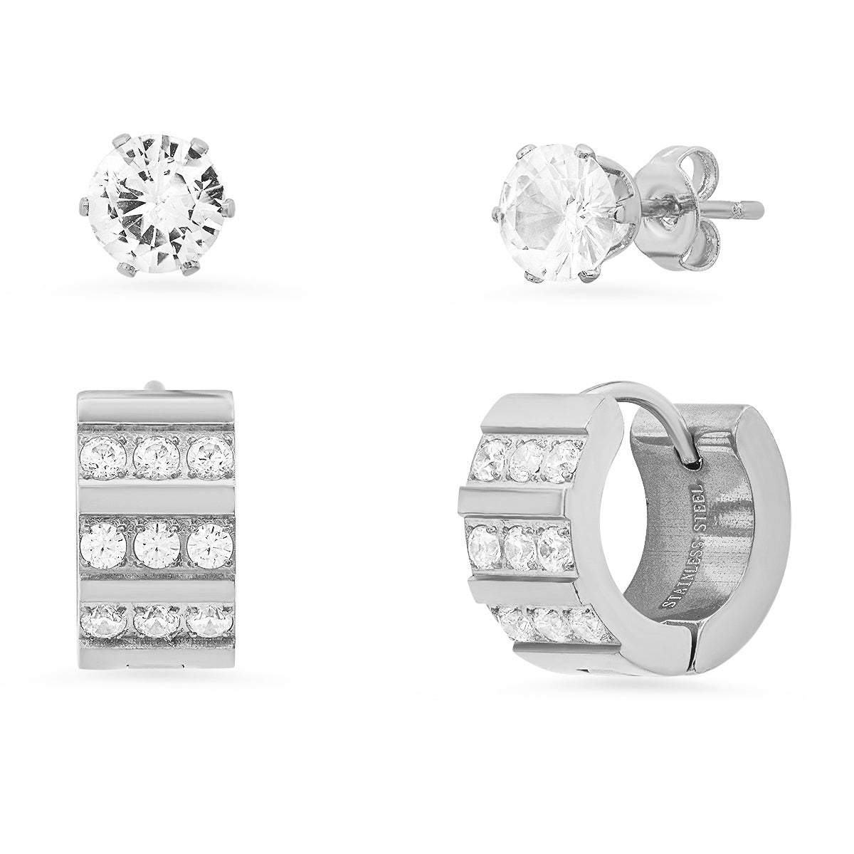 2-Piece Set: Stainless Steel and Simulated Diamond Cross Studs/Huggie Earrings Cheap Affordable