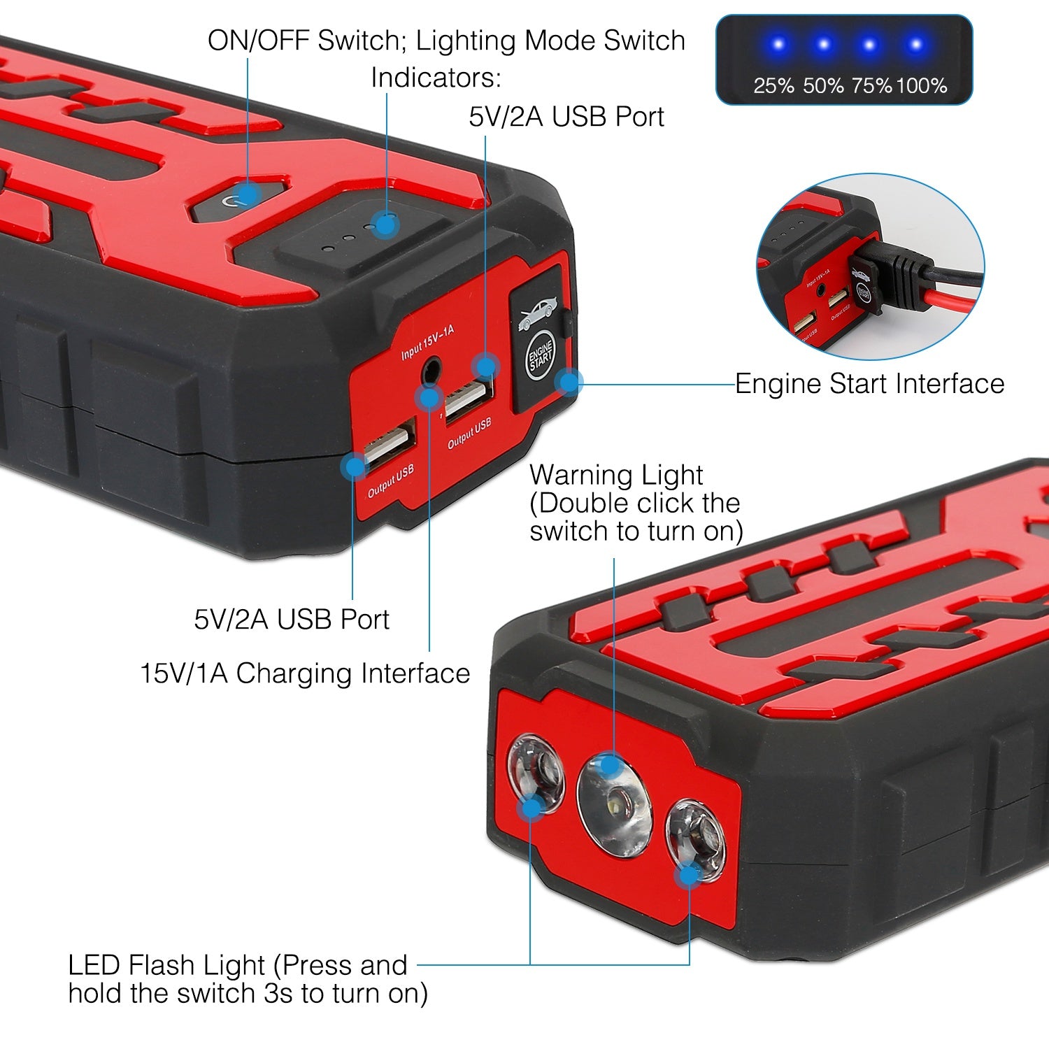 Car Jump Starter Booster with 4 Modes LED Flashlight Pick A Best