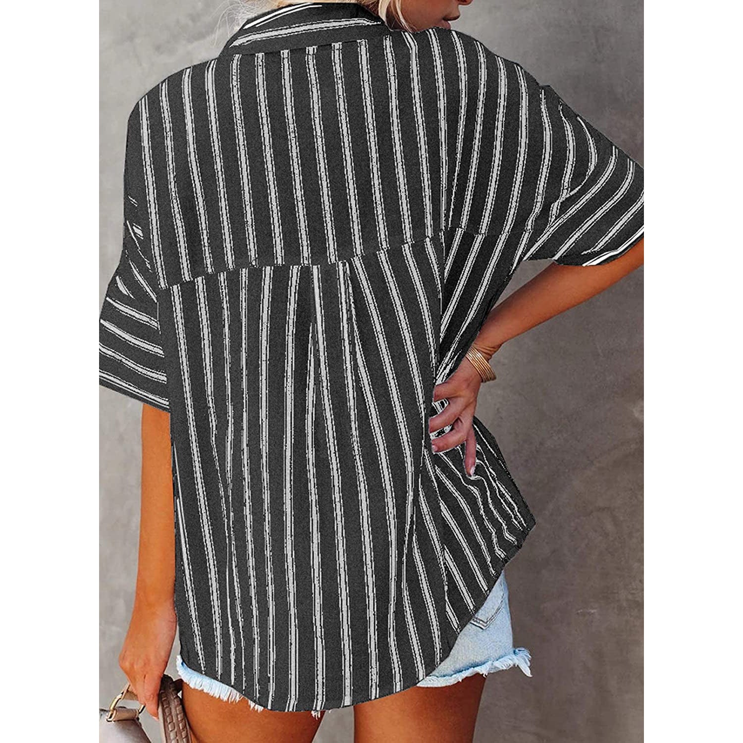 Women's V Neck Striped Roll Up Cuff Button Shirt Top Cheap Sale Explore