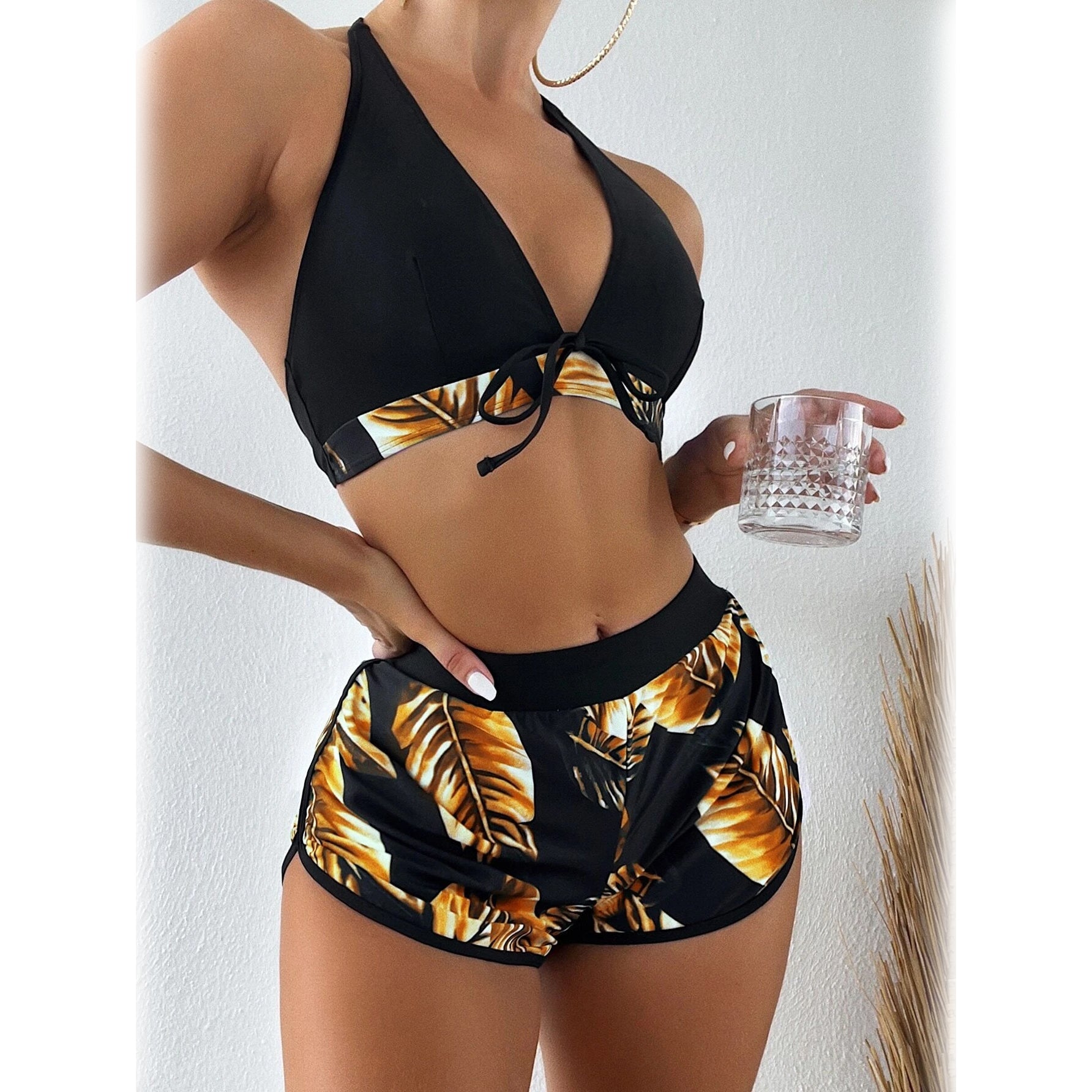 Tropical Print Halter Bikini Swimsuit with Swim Short Best Place For Sale