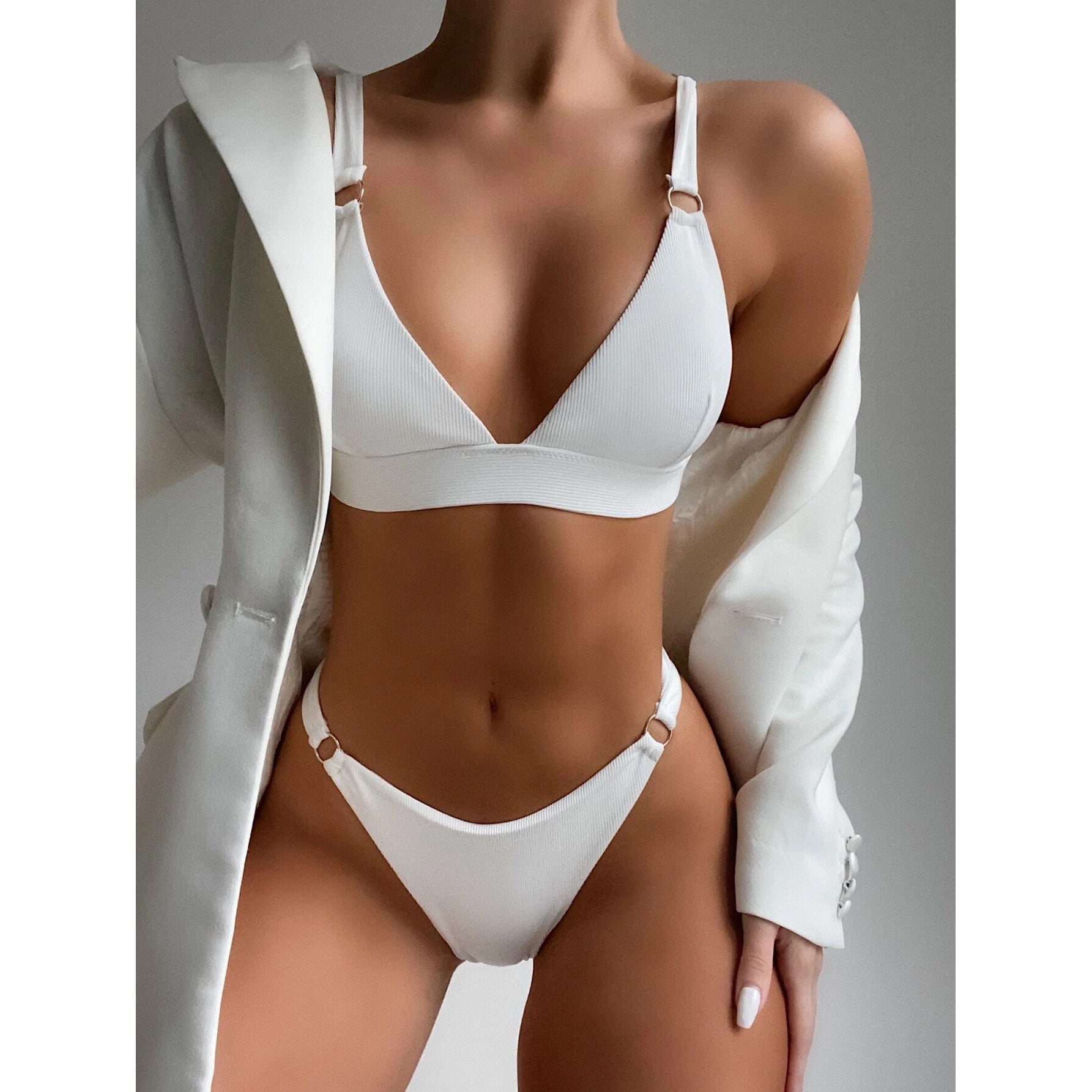 Rib Ring Linked High Cut Bikini Swimsuit Excellent Sale Online