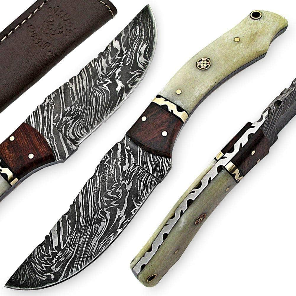 White Deer Executive Strait-Back Damascus Knife, 4.4 Blade, Bison Bone & Wood Handle, Sheath - WDM-2378 Shipping Discount Authentic