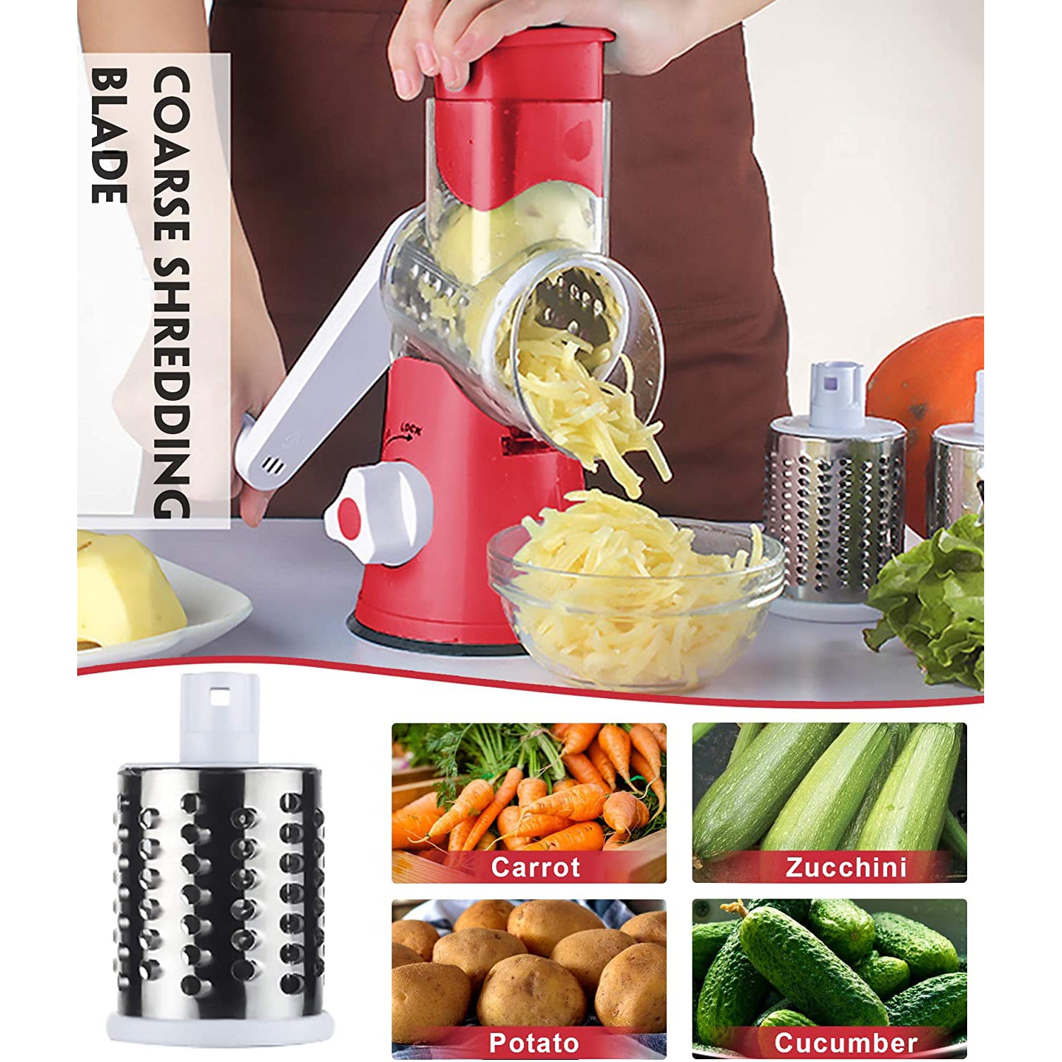 FAVIA Rotary Cheese Grater with Handle - Food Shredder with 3 Stainless Steel Drum Blades Sale Visa Payment