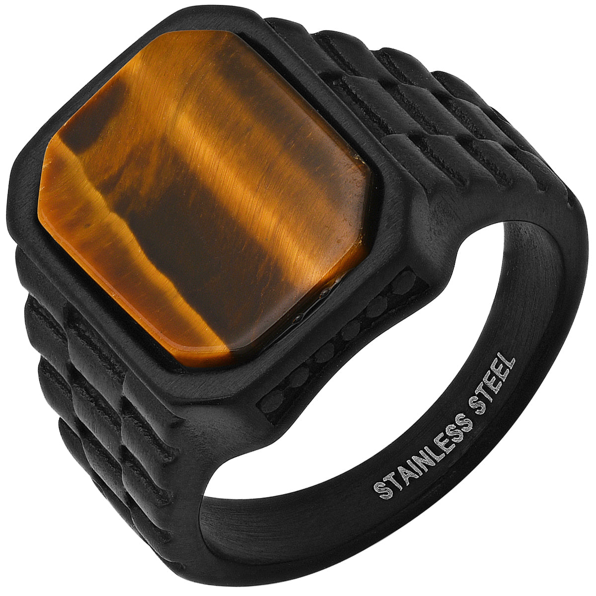 Men's Black IP Stainless Steel and Tiger Eye Ring Hot Sale Online