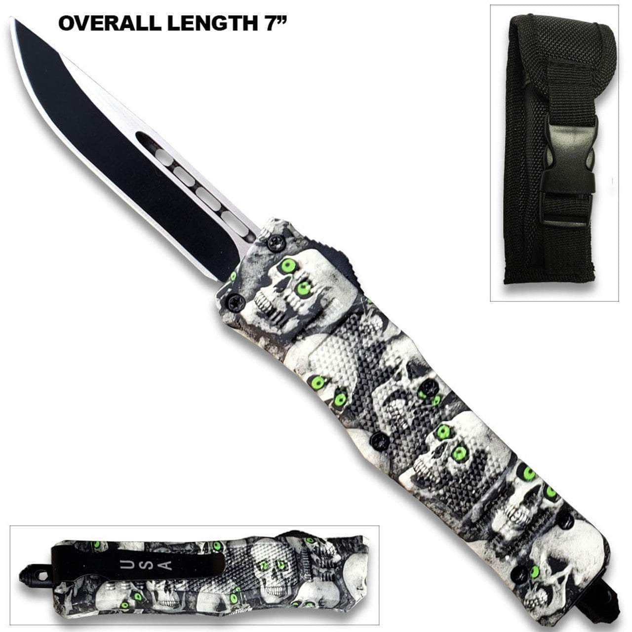 3D Skull with Black & White Zombie Tanto Blade OTF Knife OTFL-12TSK Outlet Geniue Stockist