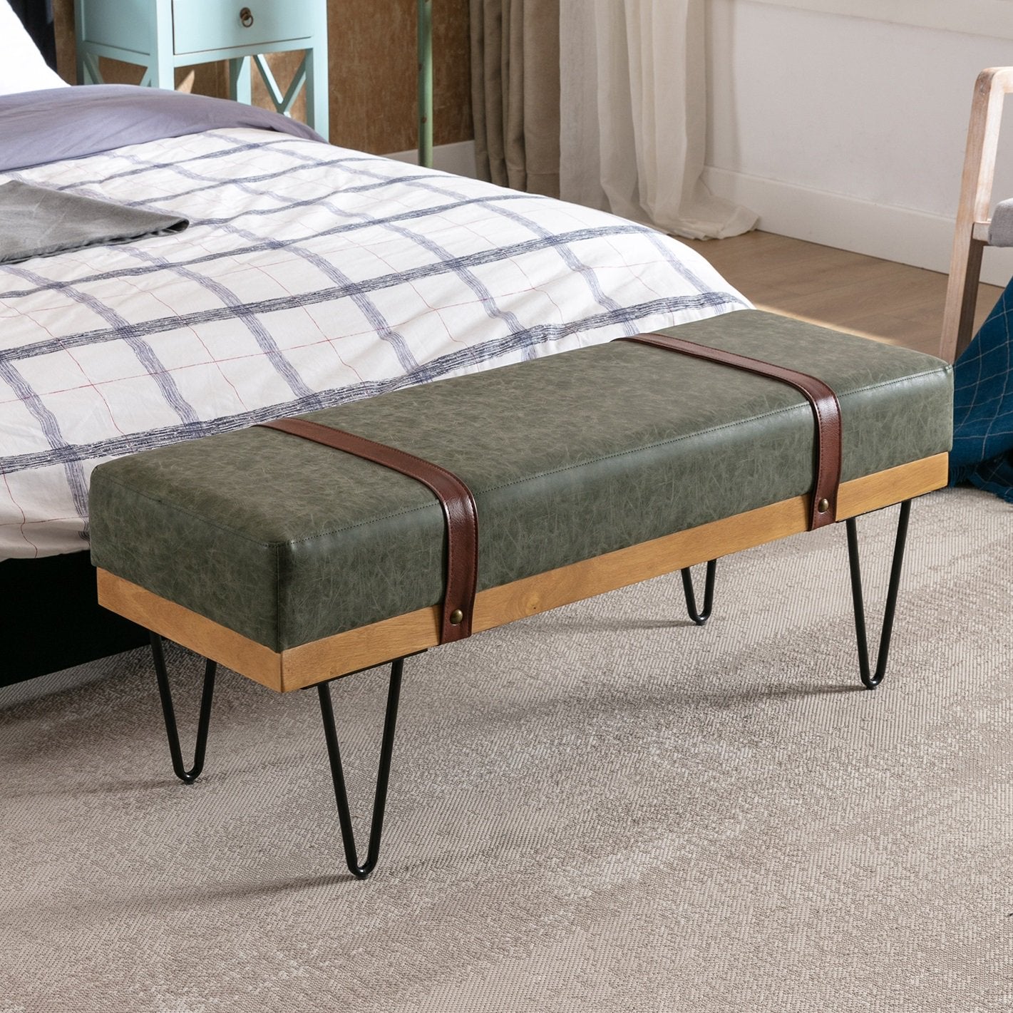 Bench for Bedroom Entryway Linen Ottoman Fabric Upholstered with Soft Cushion and Solid Wood Frame Cheapest Pice