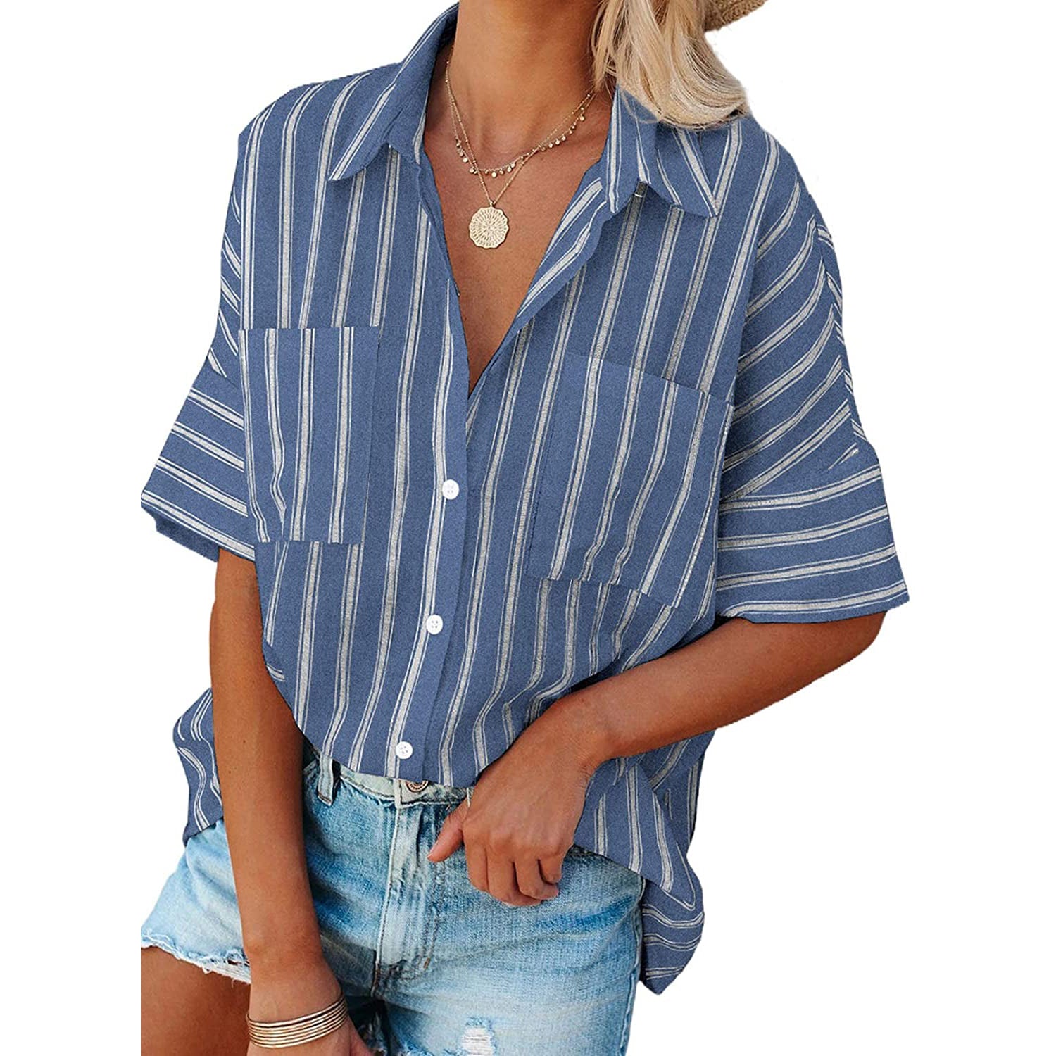 Women's V Neck Striped Roll Up Cuff Button Shirt Top Cheap Sale Explore