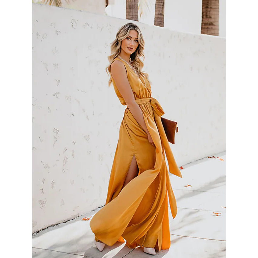 Women's Solid Color Slit Tie Maxi Dress Sale Good Selling