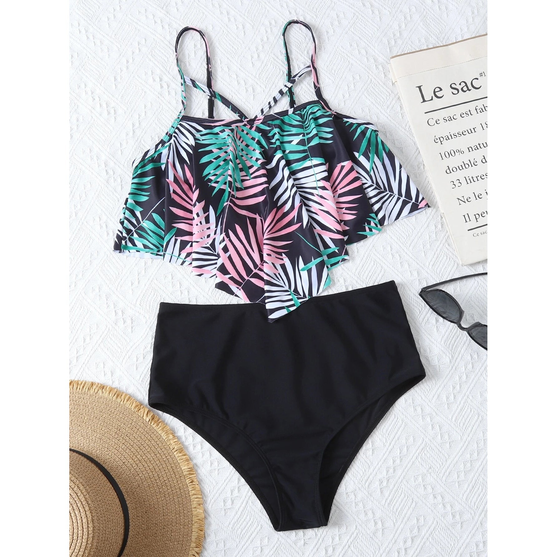 Leaf Print Hanky Hem High Waisted Bikini Swimsuit Cheap Online Online