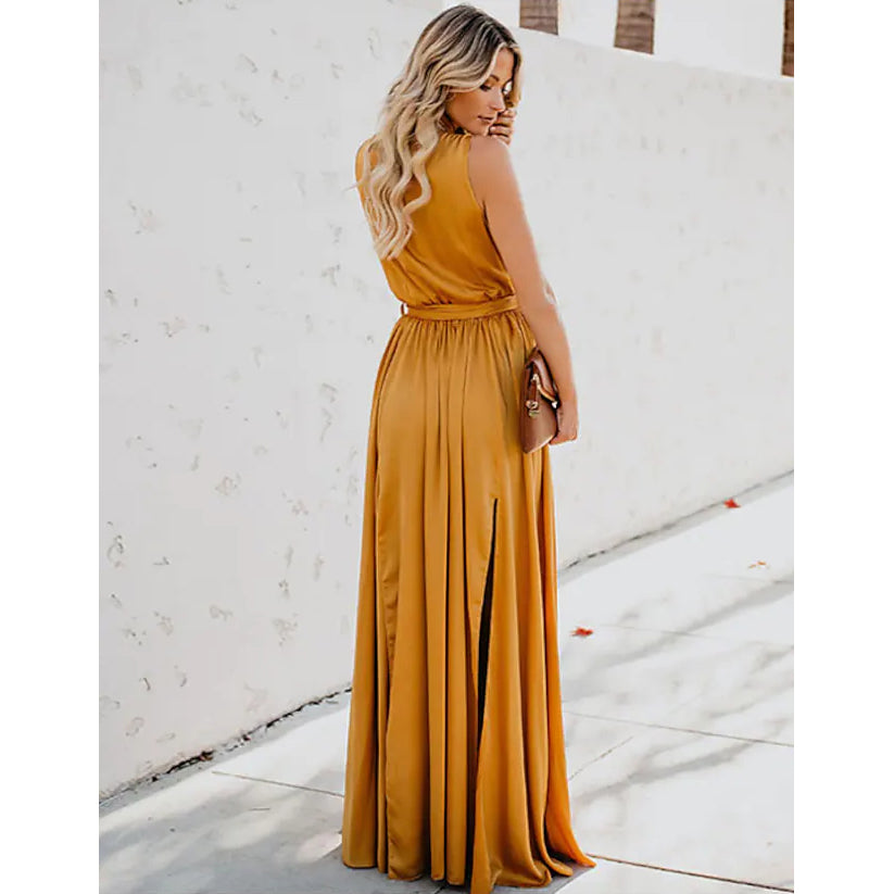 Women's Solid Color Slit Tie Maxi Dress Sale Good Selling